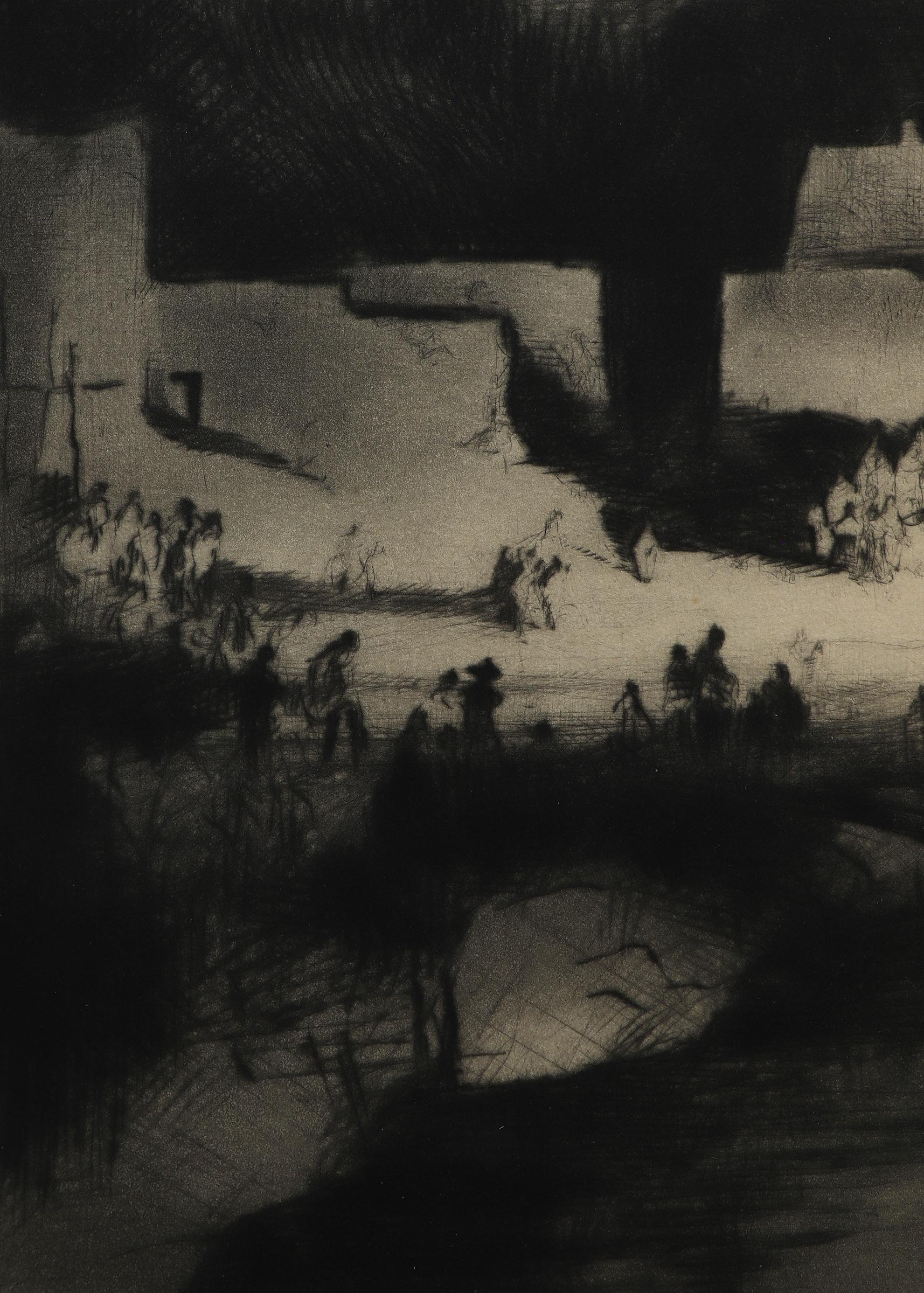 Pueblo Firelight Dance, Grabado modernista americano de los años 50, Pueblo de Nuevo México 2