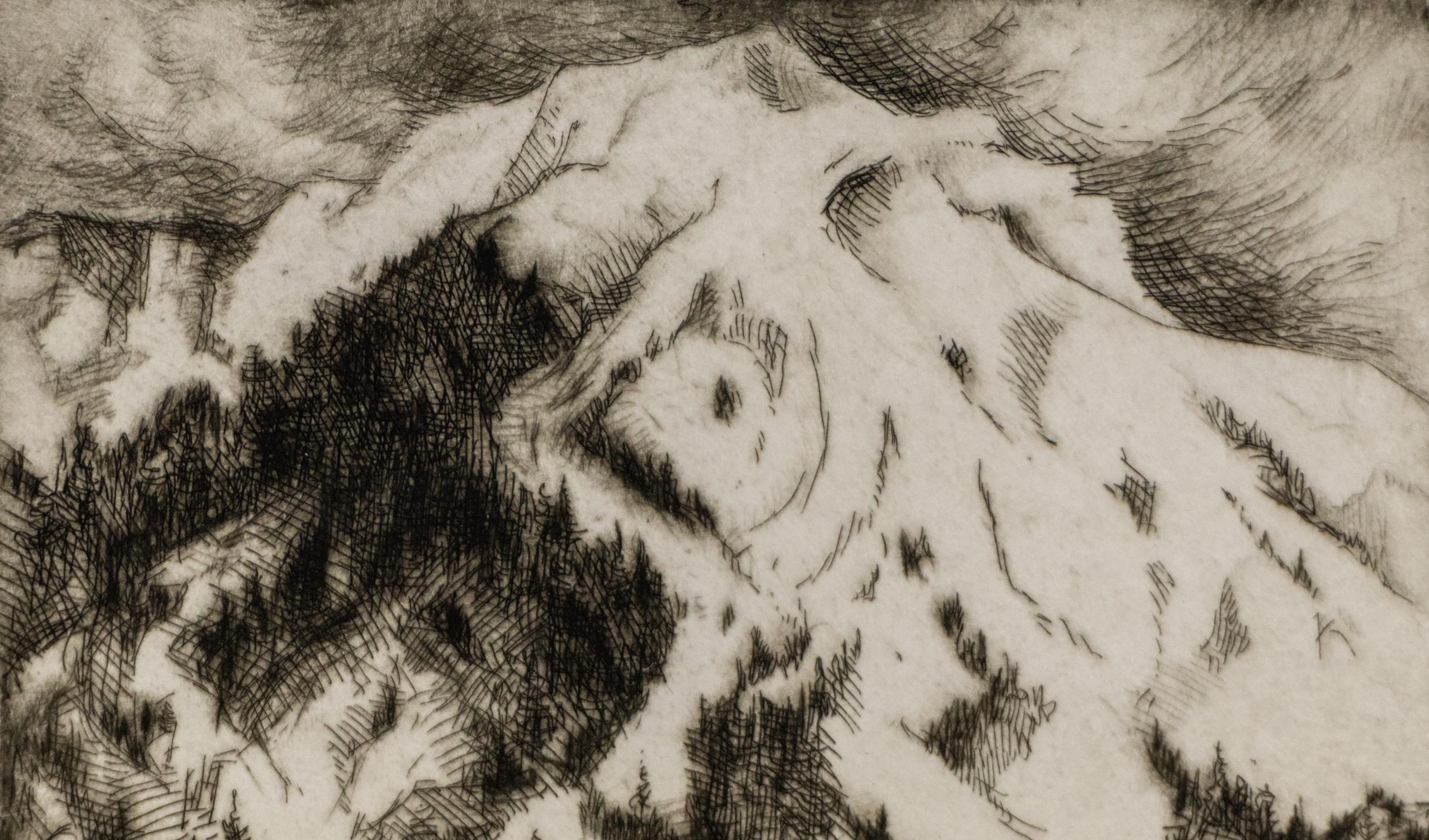 Reliquia de la Montaña Roja (Vista de la Montaña Roja, Colorado), Impresión en blanco y negro firmada - Print moderno estadounidense de Gene Kloss