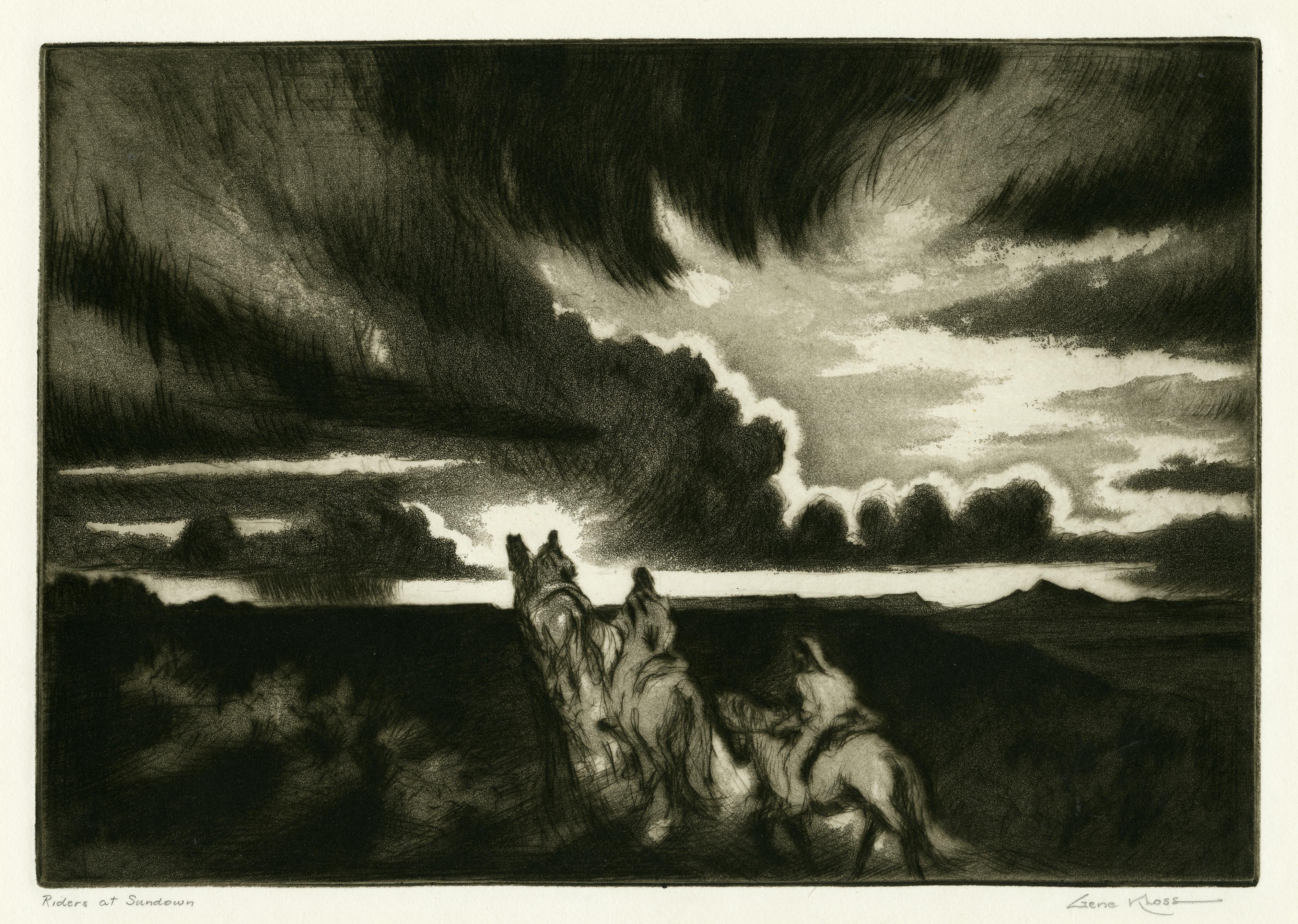 Gene Kloss Landscape Print - Riders at Sundown