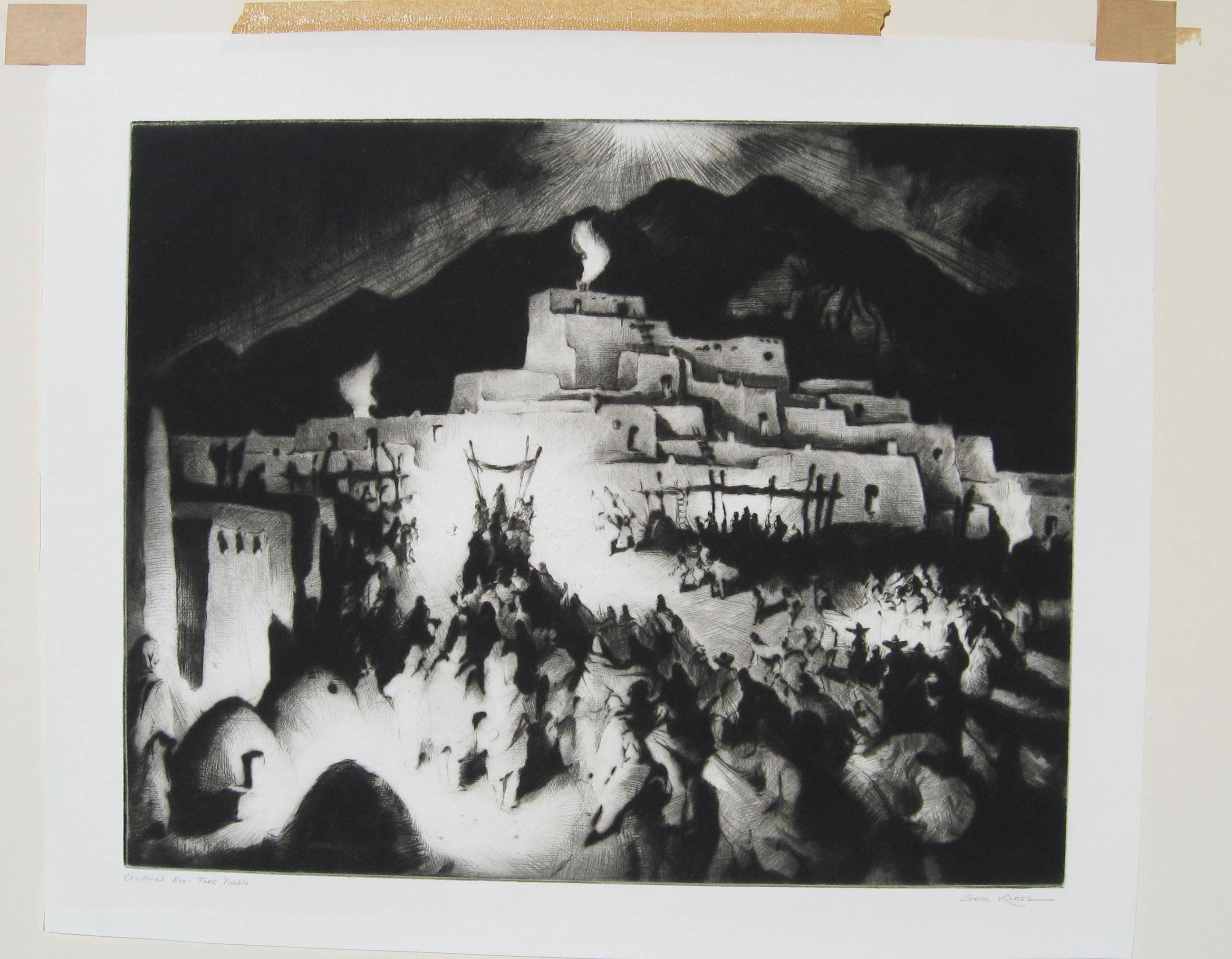 Artista di Taos Gene Kloss Puntasecca originale, Vigilia di Natale, Taos Pueblo in vendita 1