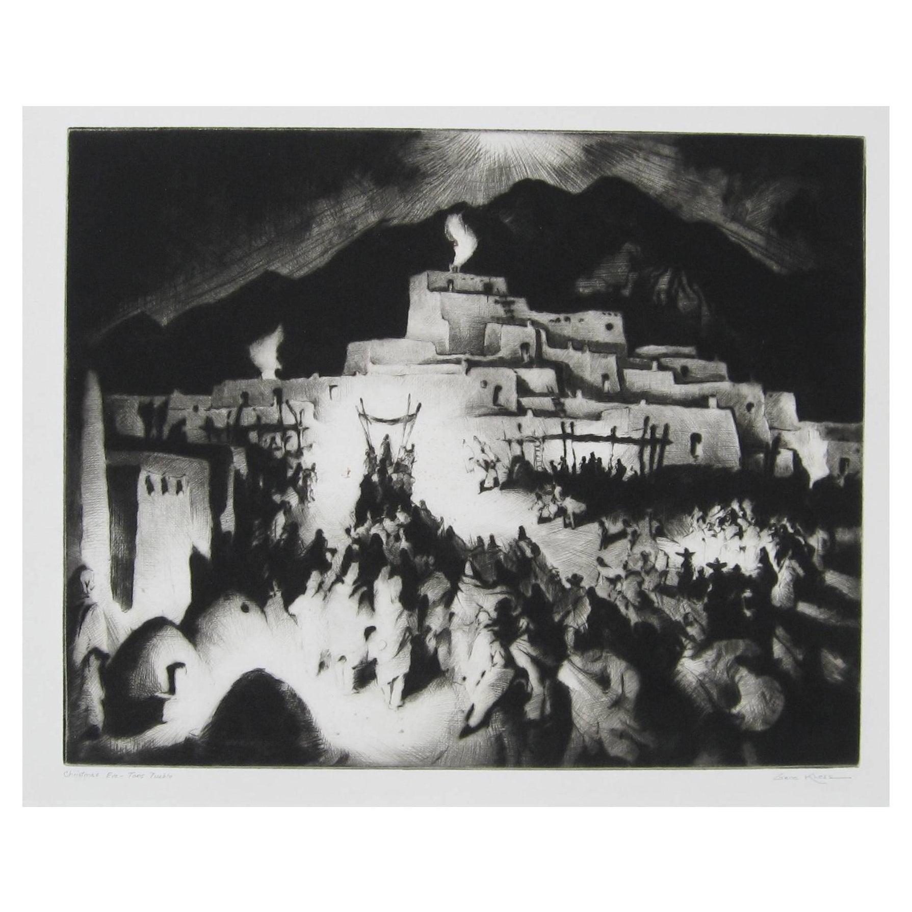 Acquaforte a punta secca del famoso artista di Taos Gene Kloss (1903-1996).
Edizione di 75 esemplari. Titolo: Vigilia di Natale - Taos Pueblo.
Le misure dell'immagine sono: 12" H. x 15" L.
Senza cornice. Archivisticamente opacizzato.
Creato nel
