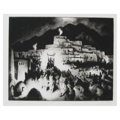 Artista di Taos Gene Kloss Puntasecca originale, Vigilia di Natale, Taos Pueblo
