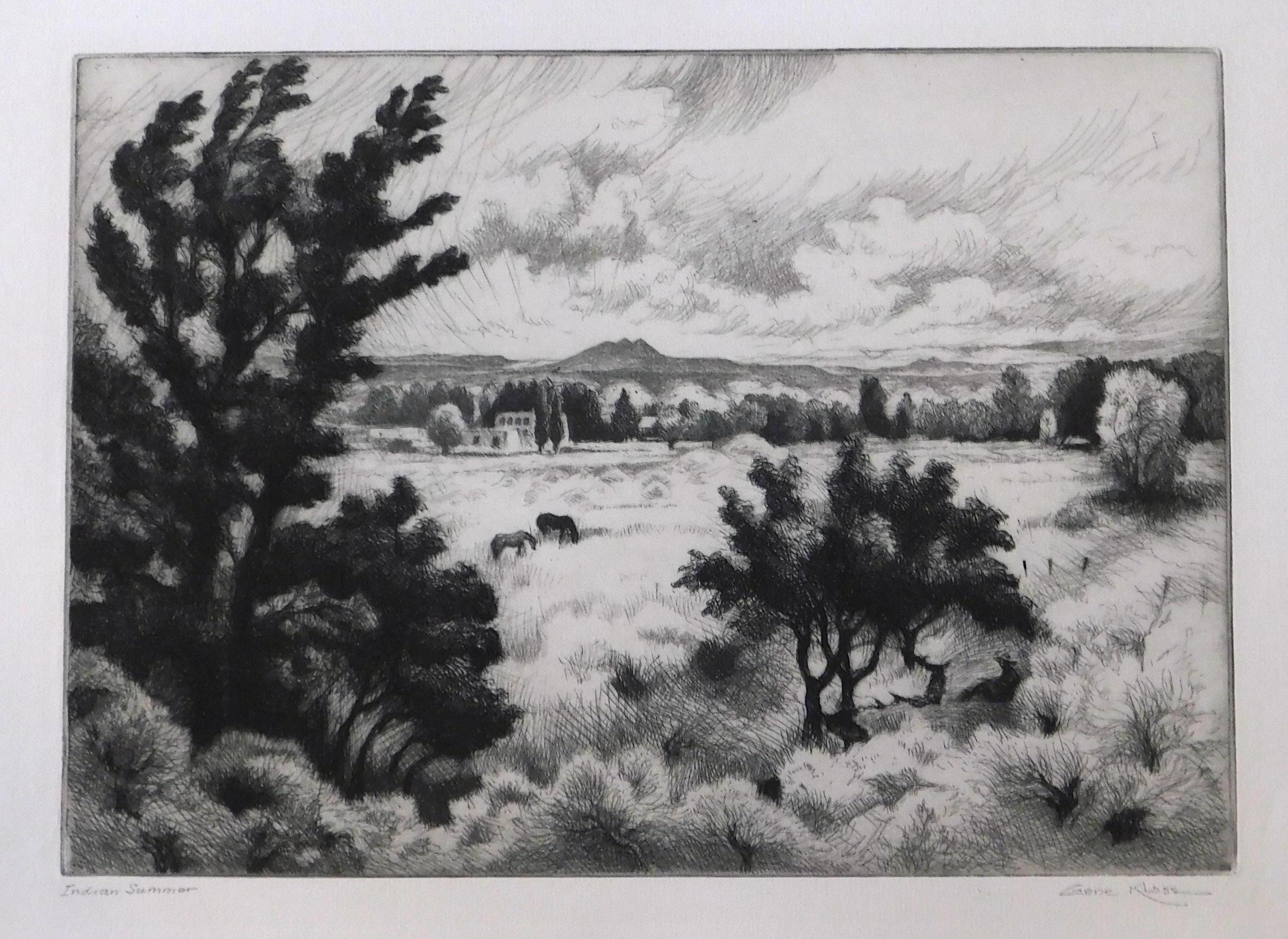 Acquaforte originale del famoso artista di Taos Gene Kloss (1903-1996). Margini completi.
Edizione di 75 esemplari. Titolo: Estate indiana. Le misure dell'immagine sono: 7 3/4" H. x 11 1/8" L.
Senza cornice. Archivisticamente opacizzato. Creato nel
