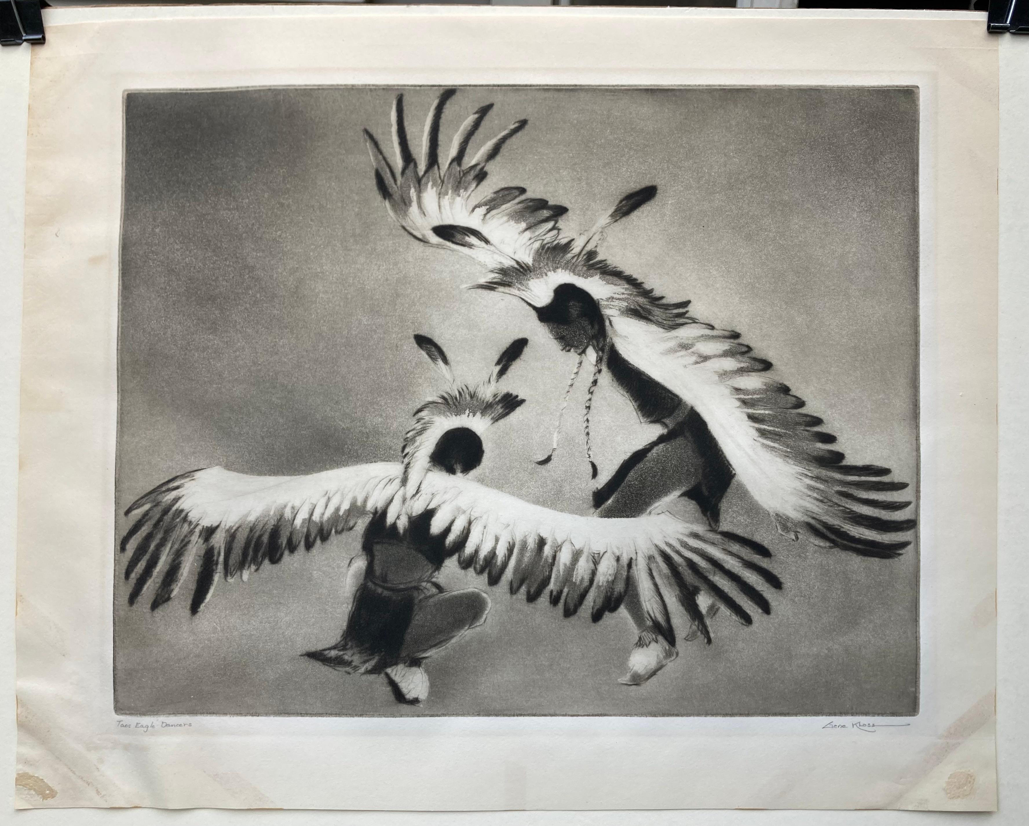 GENE KLOSS (1903 – 1996)

TAOS EAGLE DANCE, 1955  (Sanchez 458) 

Aquatint and drypoint, signed and titled in pencil. Plate 10 7/8 x 13 7/8”, sheet 13 ½ x 17”. Edition 35. Image in very good condition, but with some soiling and remnants of thin bits