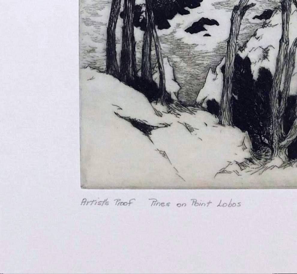 Etching on paper by famous Taos Artist Gene Kloss (1903-1996).
Titled: “Pines on Point Lobos.” Pencil signed lower right and in excellent condition.
Image measures: 9