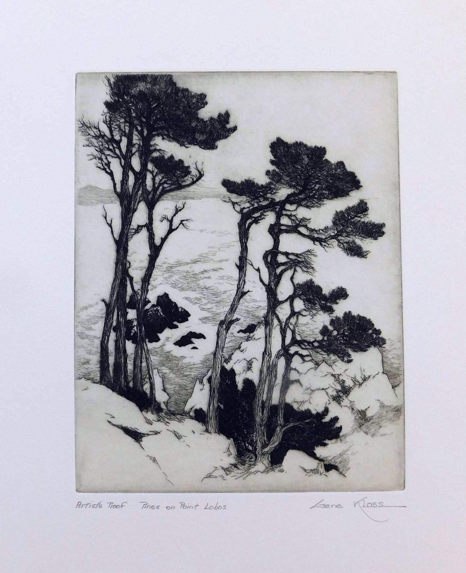 Gravure originale de Gene Kloss, 1938 - "Pines at Point Lobos" (Pins à Point Lobos)   en vente