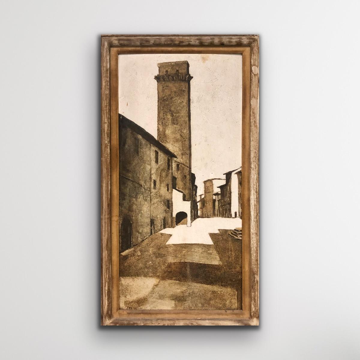 Tour toscane (Torre Toscana #281) - Peinture de paysage italienne vintage signée - Painting de Gene Magazzini