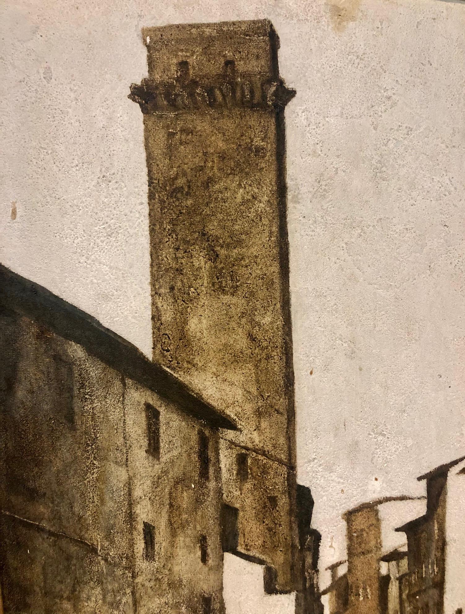 Tour toscane (Torre Toscana #281) - Peinture de paysage italienne vintage signée - Réalisme américain Painting par Gene Magazzini