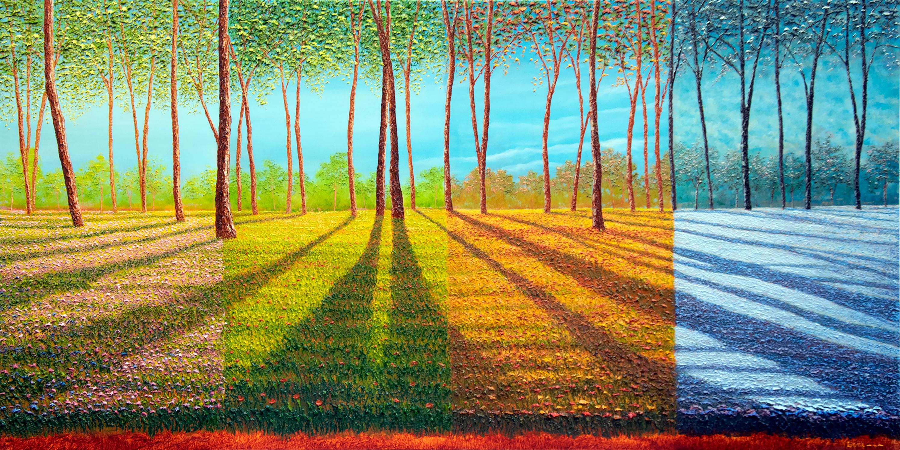 Landscape Painting Gene Pompa - Dawn of the Seasons - Peinture  l'huile italienne bleu, jaune, blanc, vert, rouge et brun