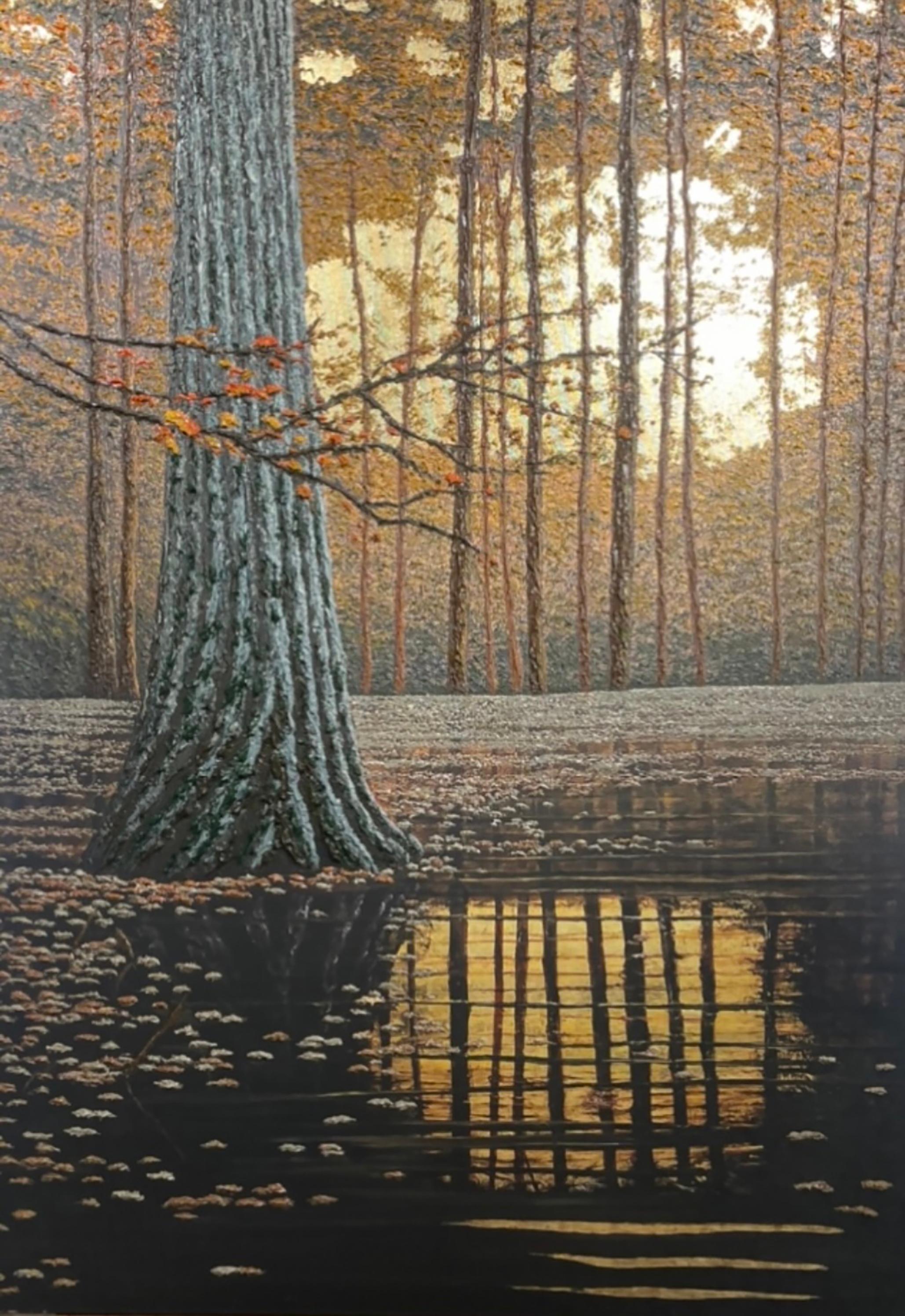 Landscape Painting de Gene Pompa - Oasis Natural - Pintura al Óleo Italiana Gris Blanco Marrón Amarillo