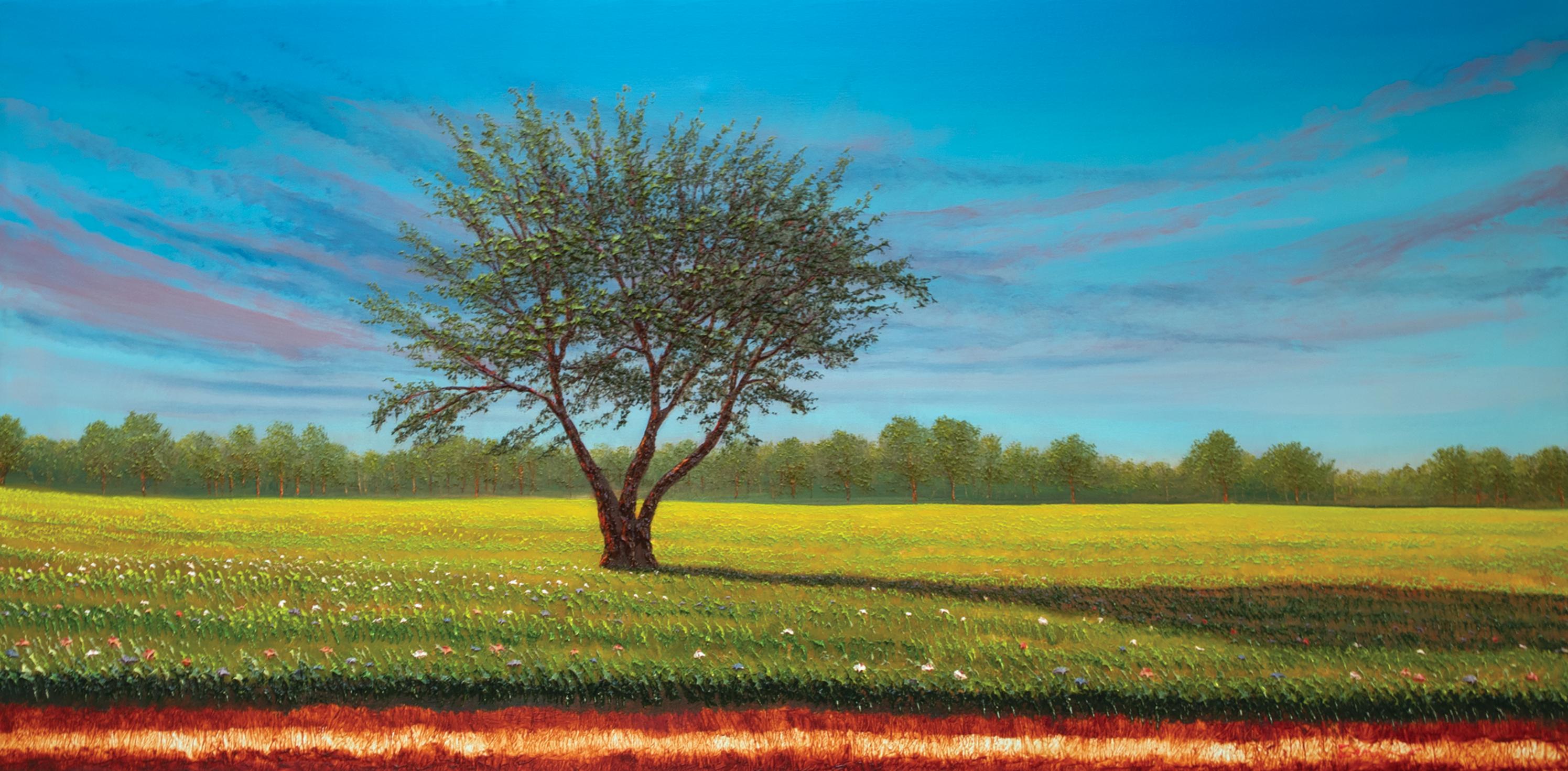 Landscape Painting Gene Pompa - The Dawn of Spring - Peinture italienne Couleurs Bleu, jaune, blanc, vert, rouge et brun