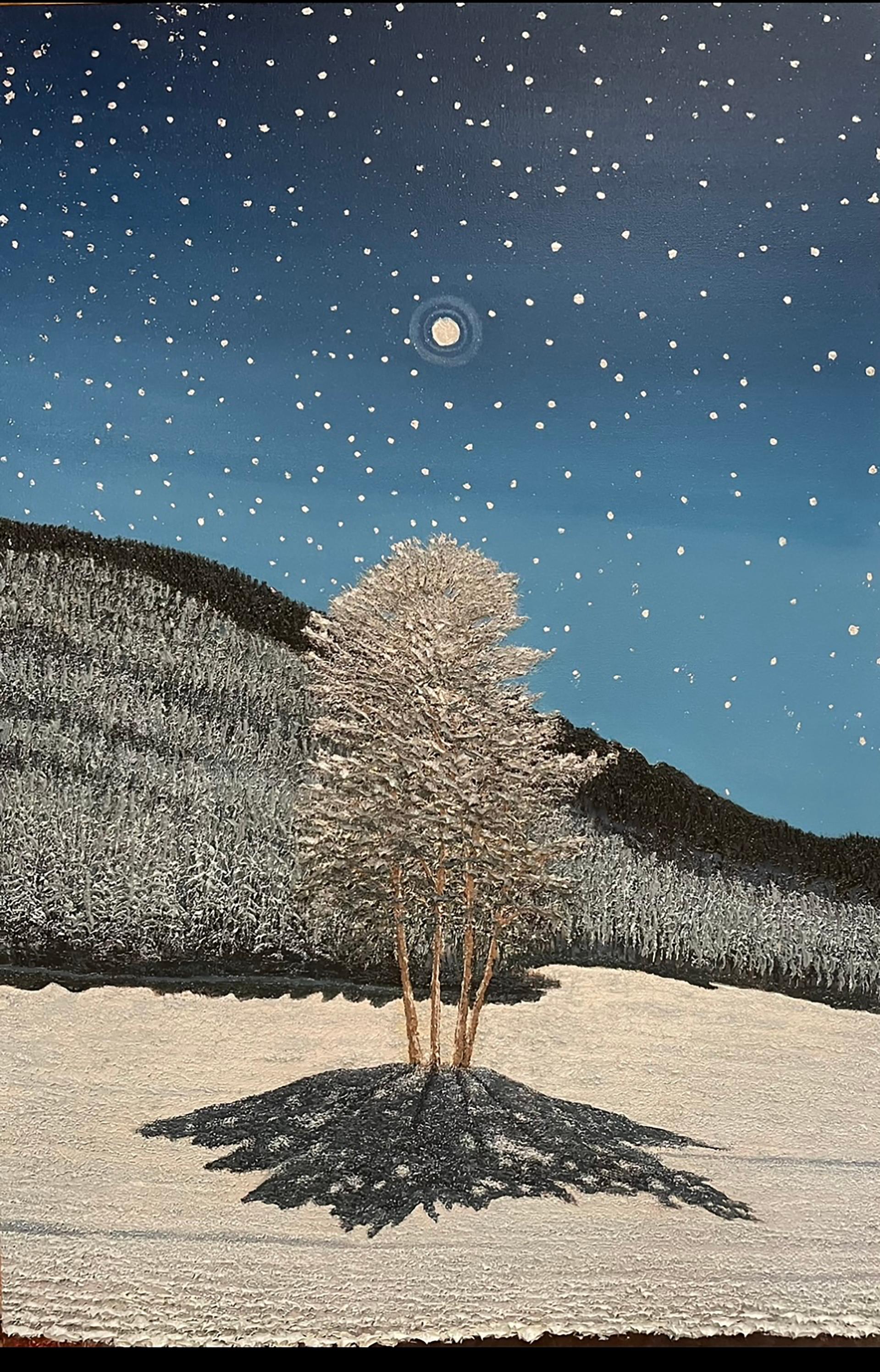 La notte stellata - Pittura ad olio blu, grigio, bianco e marrone - Mixed Media Art di Gene Pompa