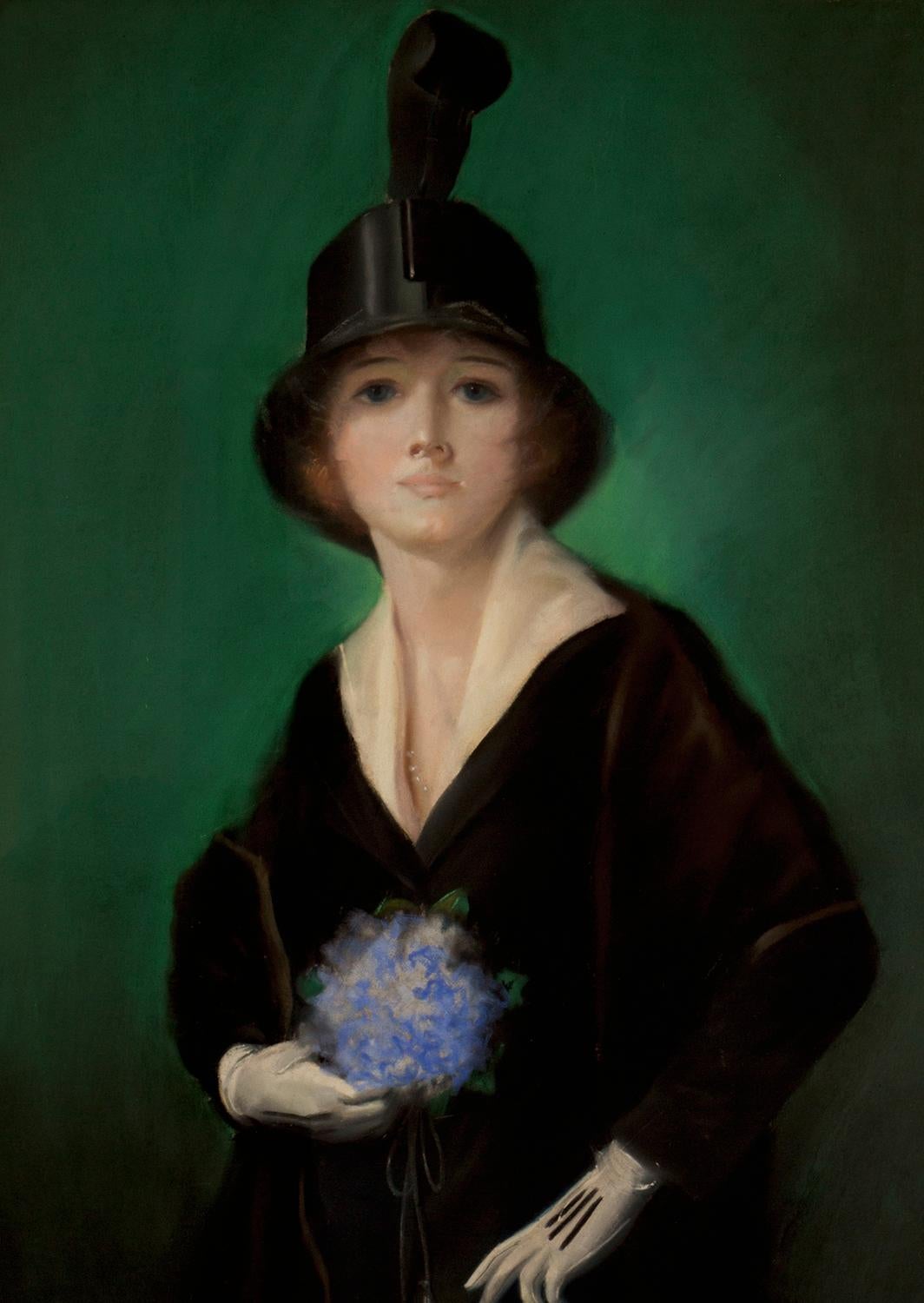 Dieses sehr gut erhaltene Pastellgemälde stammt von dem amerikanischen Künstler und Illustrator Gene Pressler. Mit einer reichhaltigen Farbpalette und Presslers charakteristischem Glanz zeigt dieses Pastell eine elegante Edwardianerin mit rosigen