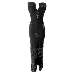 Gene Shelly 1960s Black Beaded Deep V Floor Length Front Slit Wiggle Dress S/M