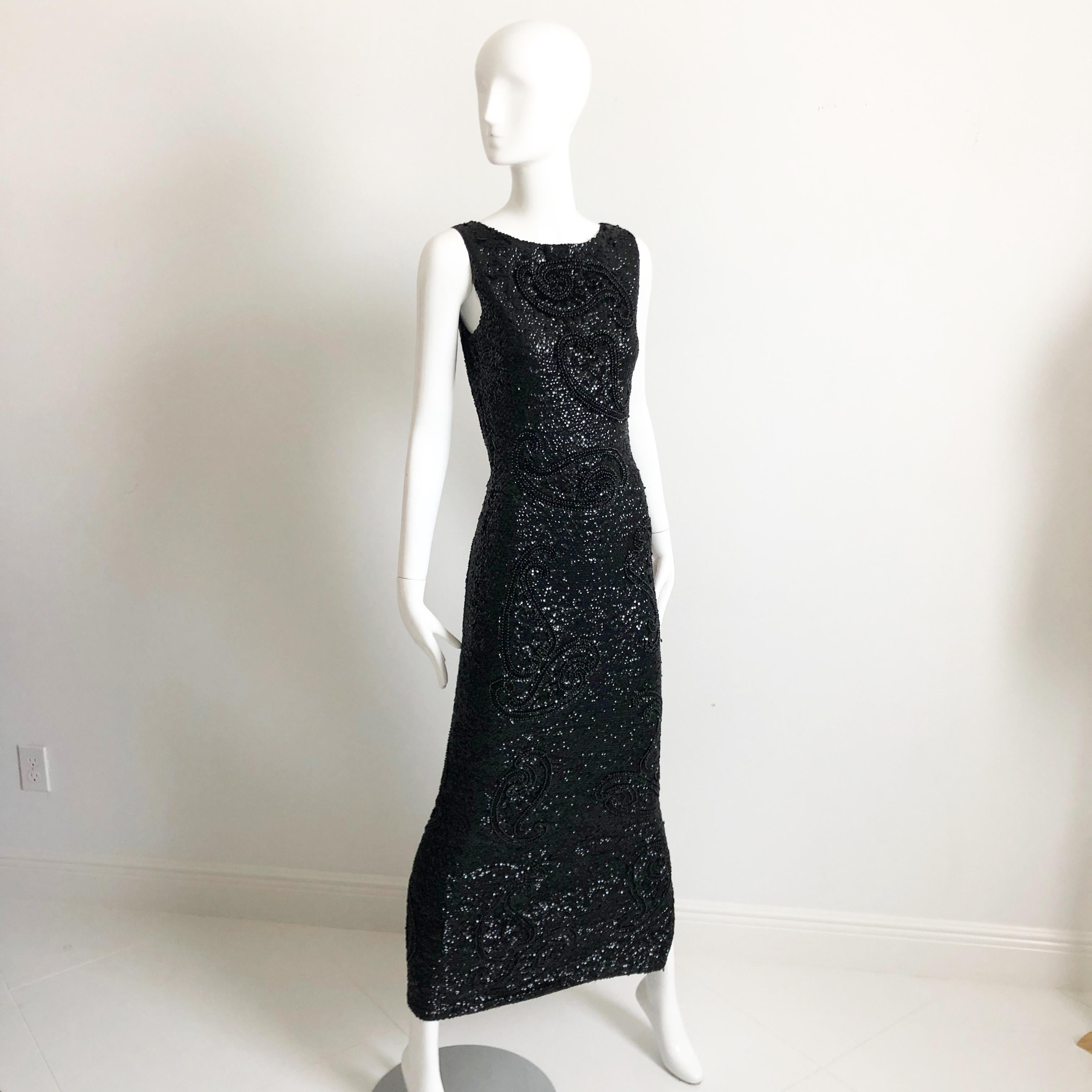 Gene Shelly Boutique Evening Gown Black Beaded Knit with Sequins 60s M In Good Condition In Port Saint Lucie, FL