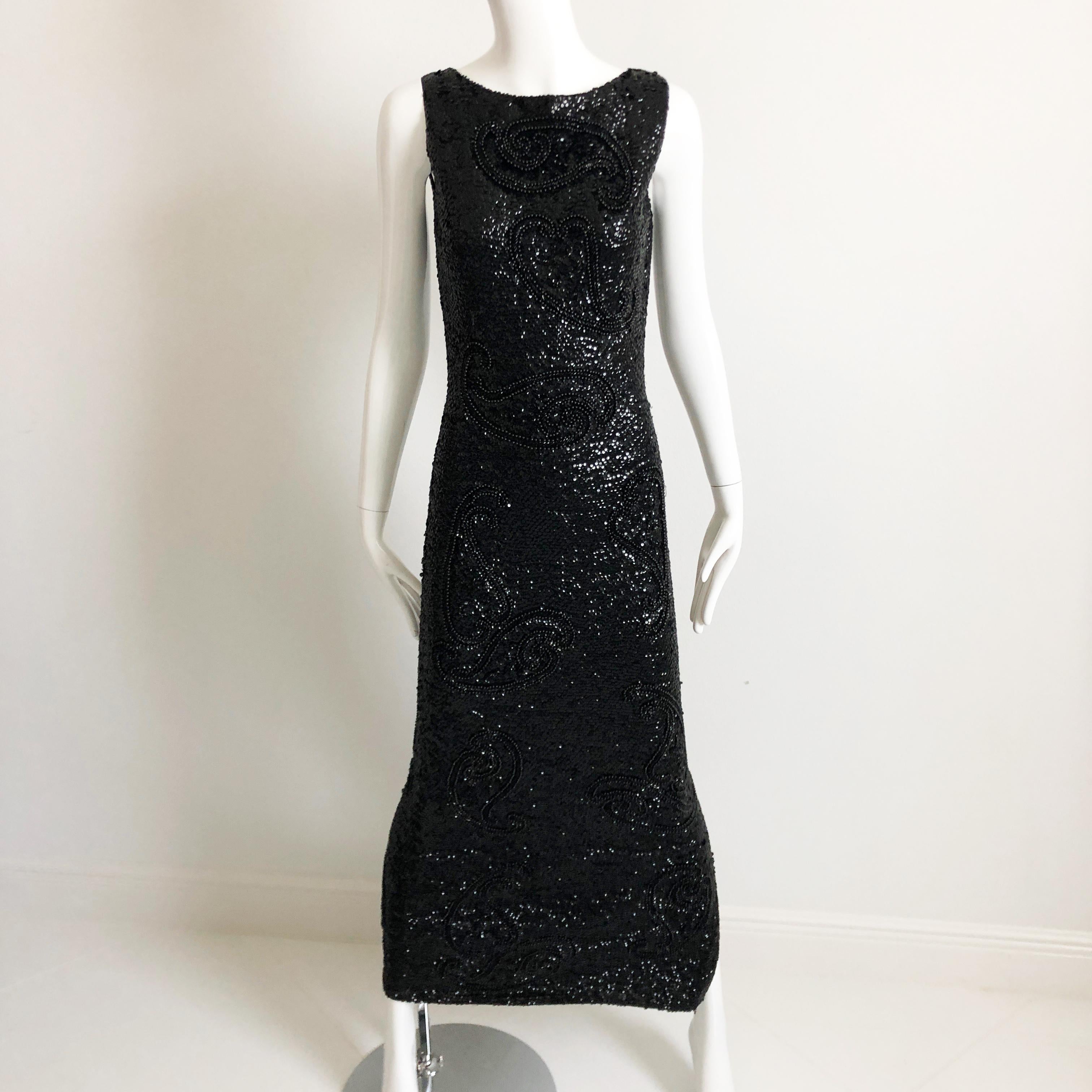 Women's Gene Shelly Boutique Evening Gown Black Beaded Knit with Sequins 60s M