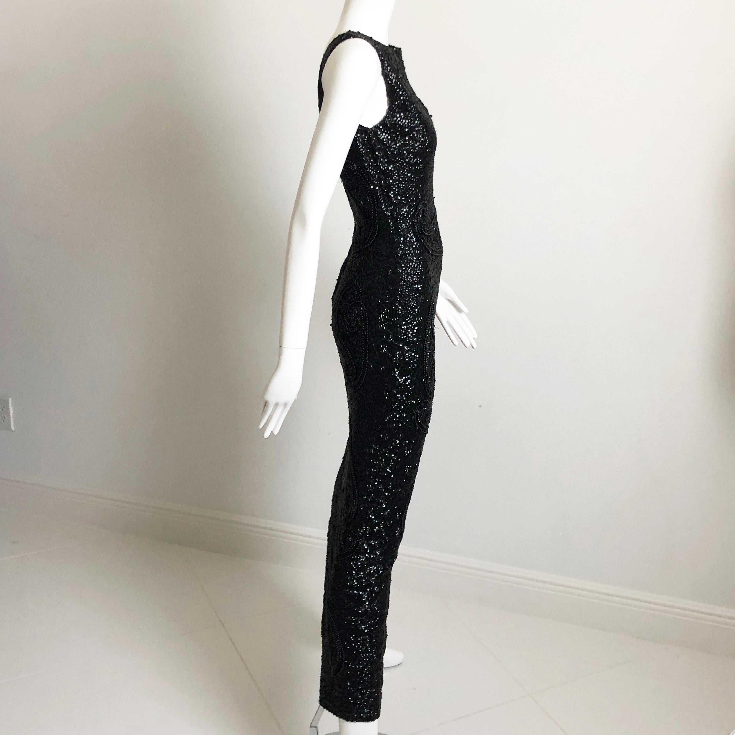 Gene Shelly Boutique Evening Gown Black Beaded Knit with Sequins 60s M 1