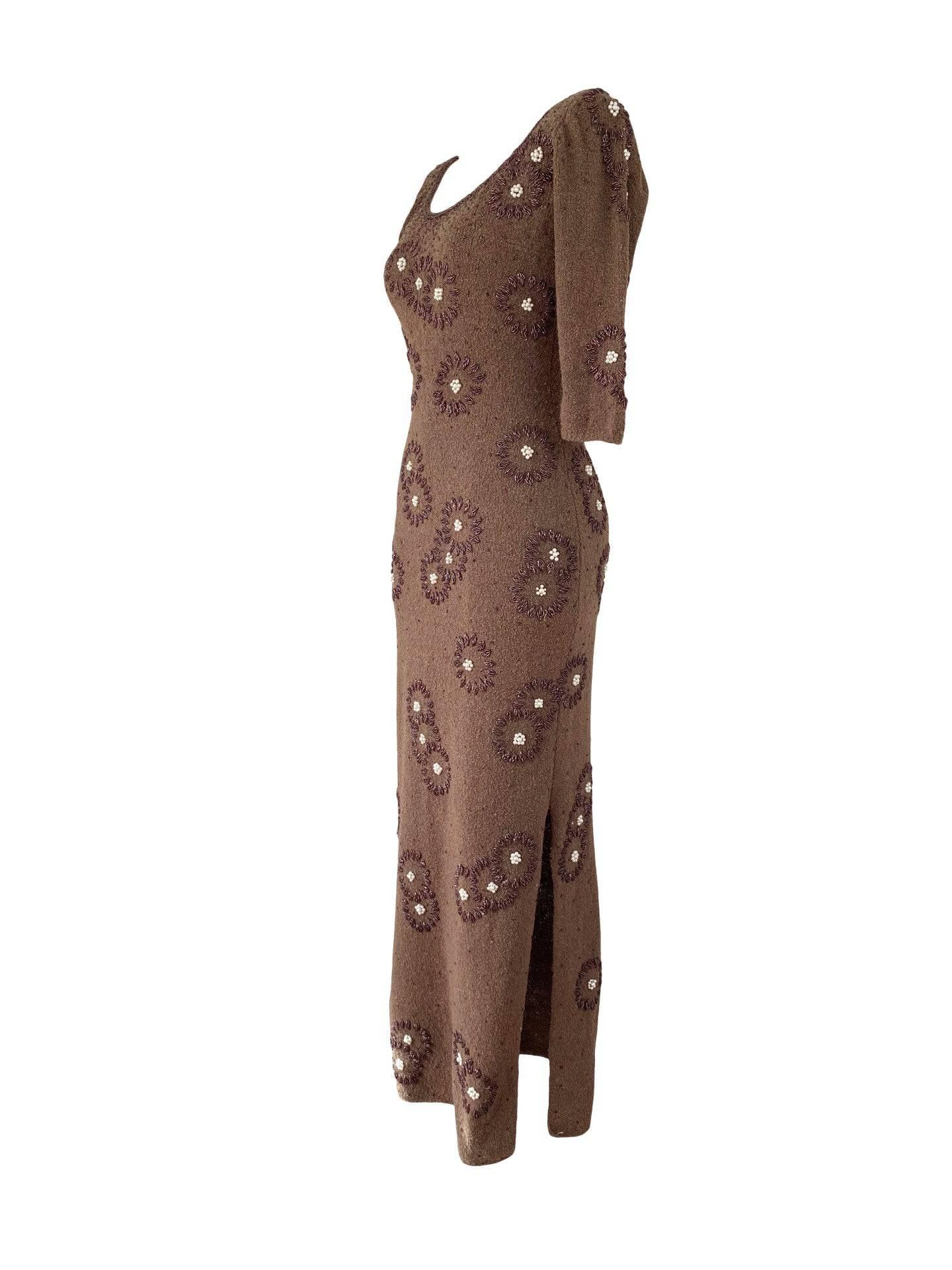 Women's Gene Shelly Vintage 1960s Mocha Brown Bouclé Pearls Wine Beads Wiggle Dress XS/S For Sale