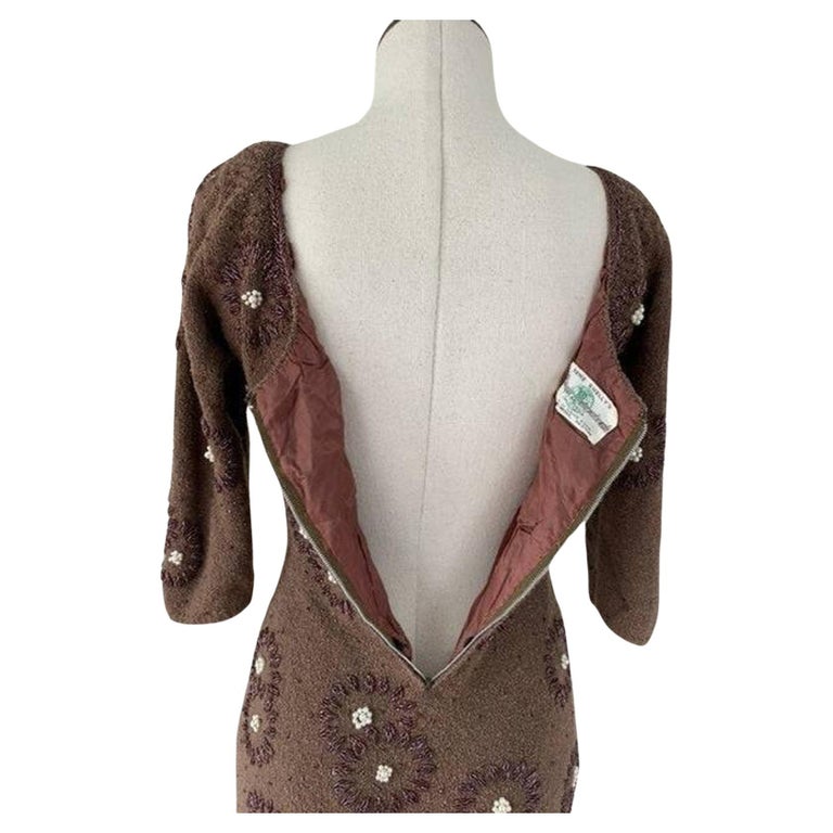 Gene Shelly Vintage 1960s Mocha Brown Boucl Pearls Wine Beads Wiggle Dress Xs/s