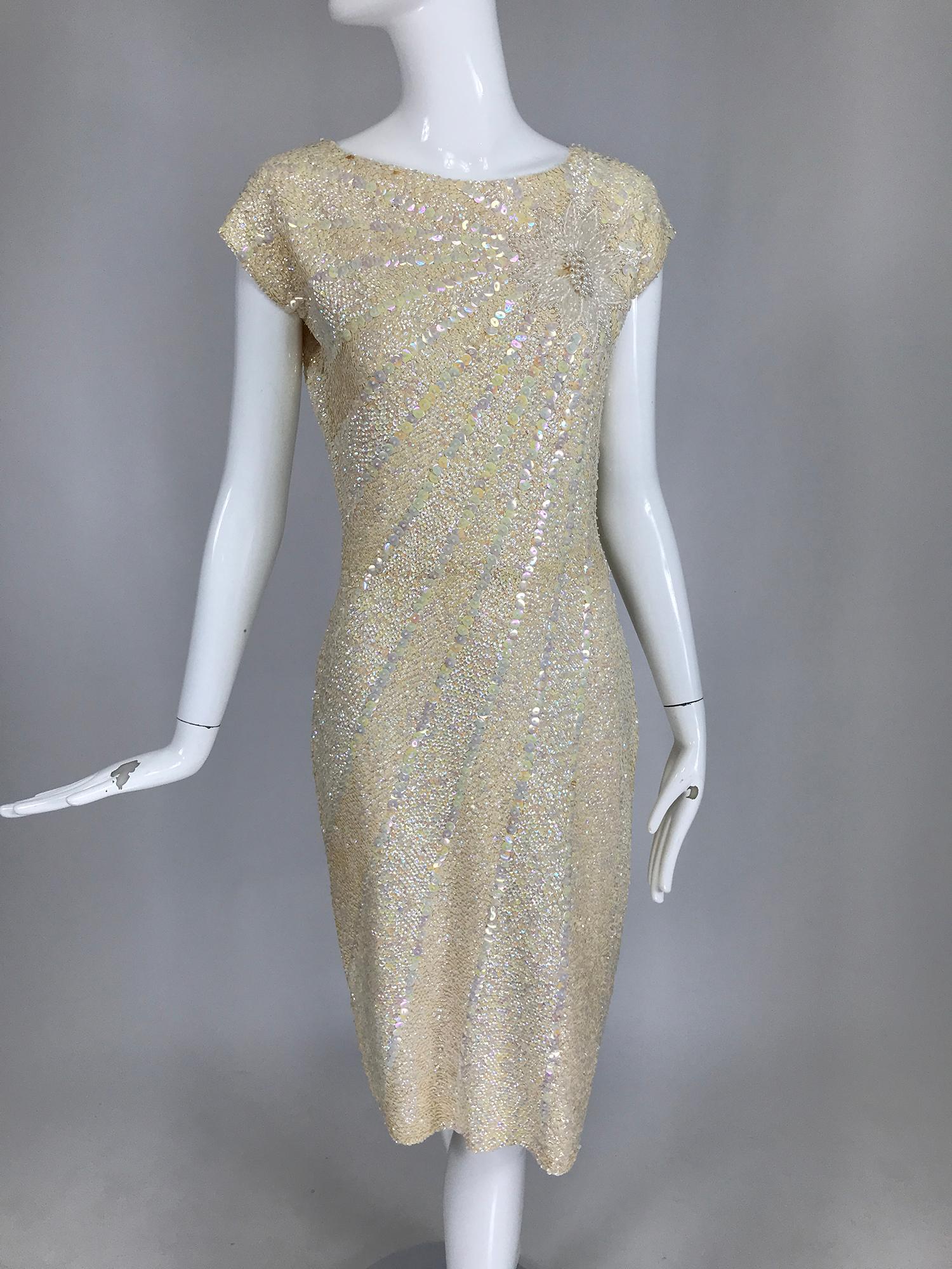 Gene Shelly's Boutique Internationale Cream Sequin Sheath Dress 1960s 3