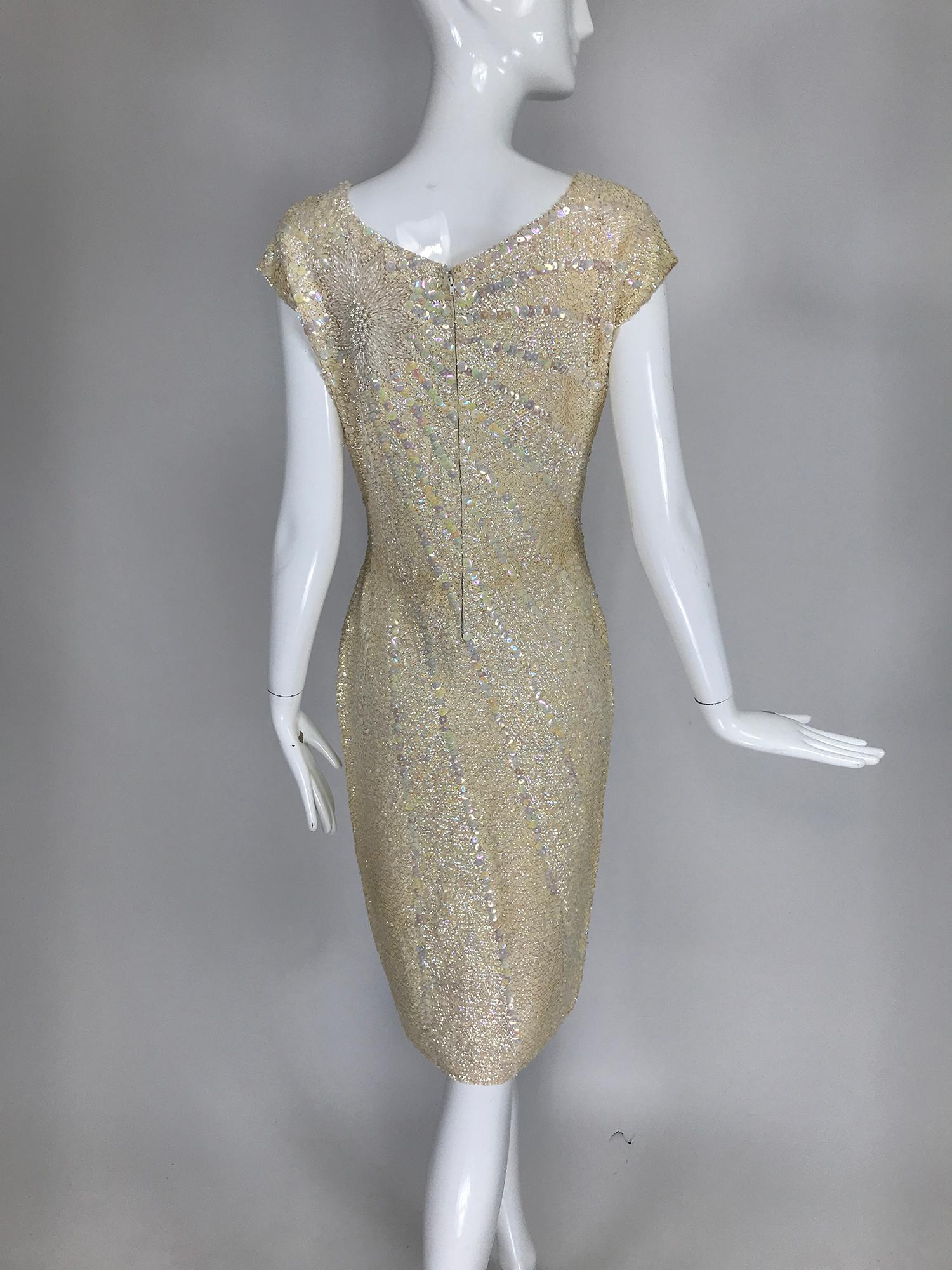 Gene Shelly's Boutique Internationale Cream Sequin Sheath Dress 1960s In Good Condition In West Palm Beach, FL