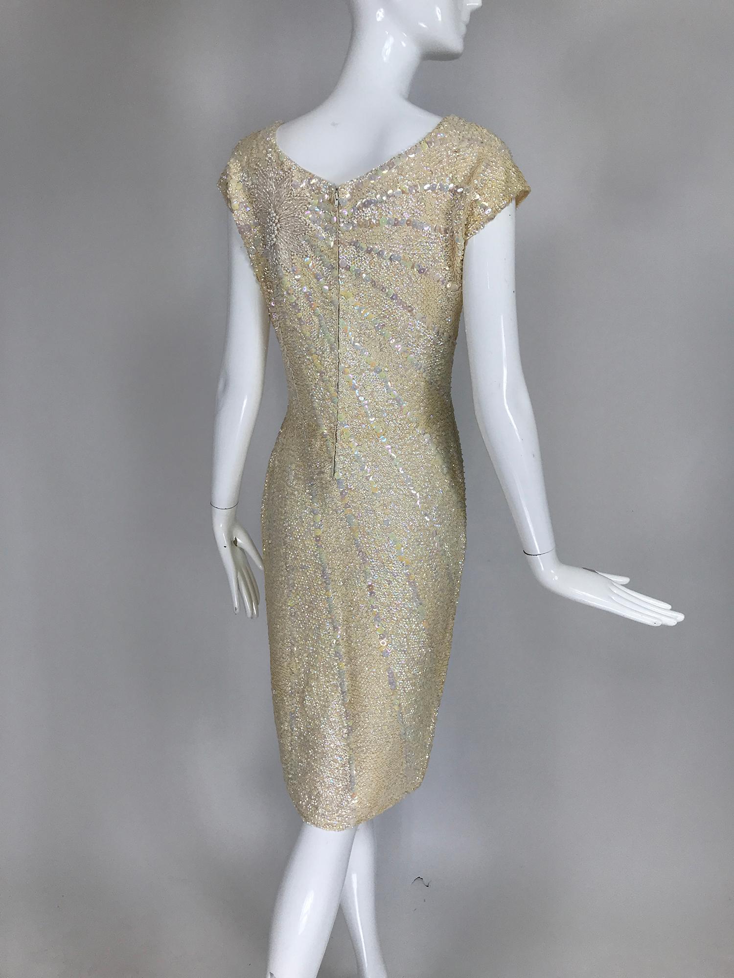 Women's Gene Shelly's Boutique Internationale Cream Sequin Sheath Dress 1960s