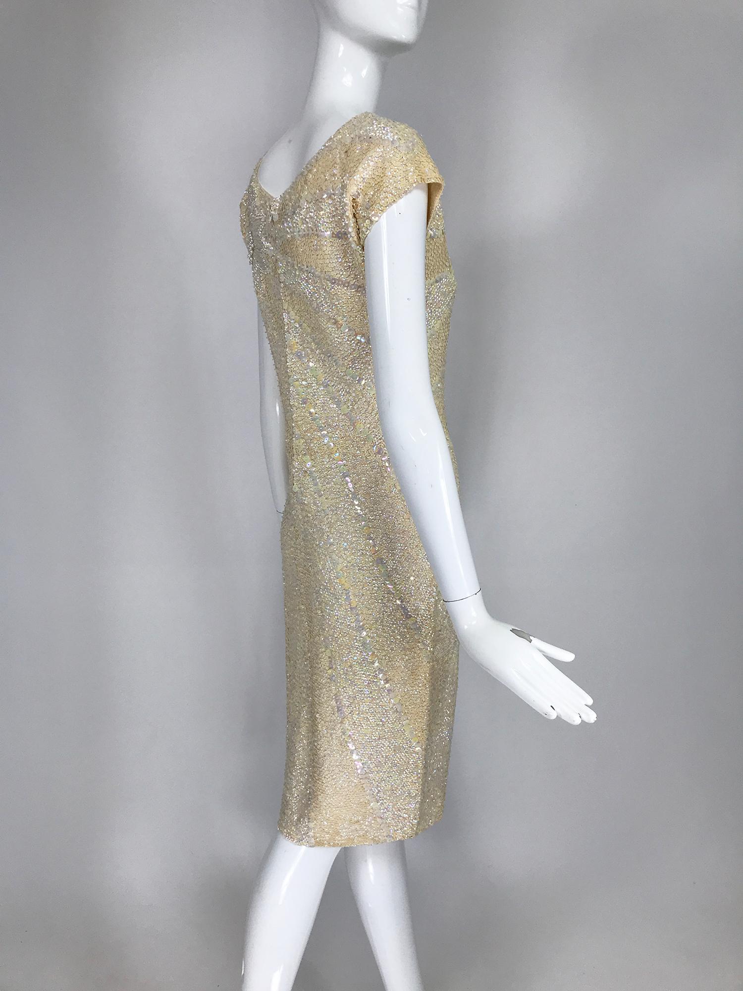 Gene Shelly's Boutique Internationale Cream Sequin Sheath Dress 1960s 1