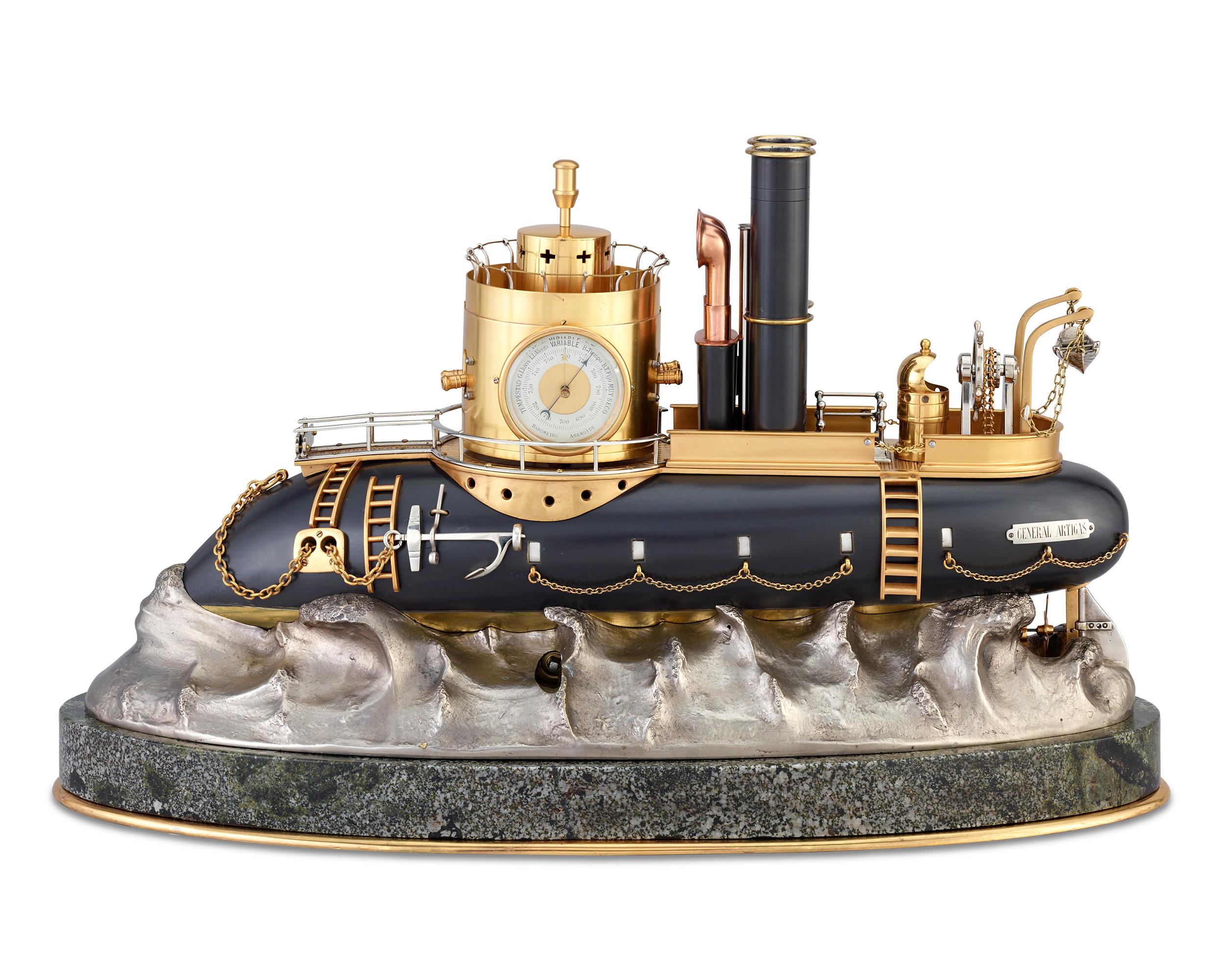 This automaton gunboat clock is an impeccable example of the complex artistry of industrial timepieces. An automaton is incorporated into the ship's form, with a separate mechanism that causes the propeller to spin and the turret to rotate 360