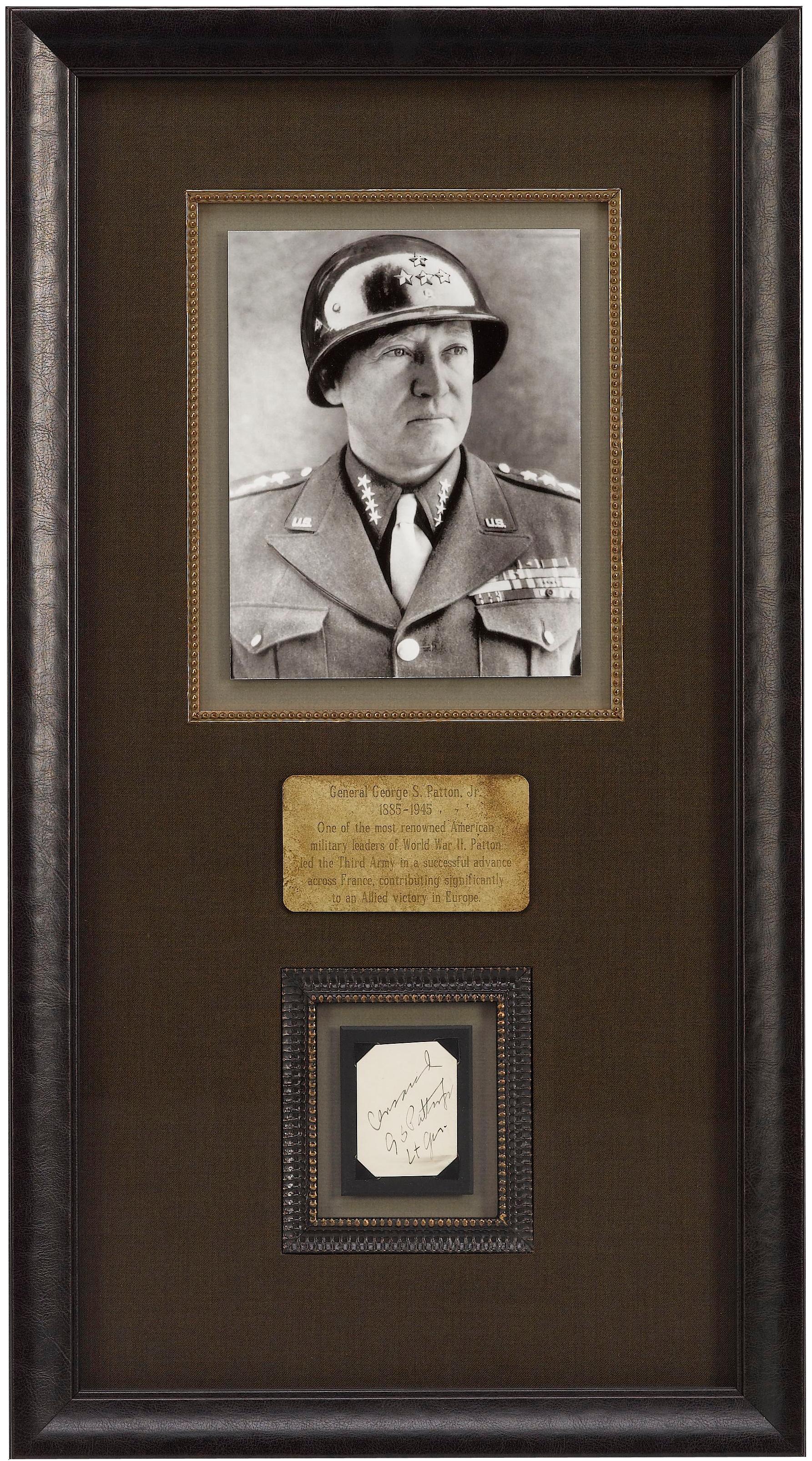 Offered is a collage celebrating General George S. Patton Jr. This collage features Patton's original signature on a section of cream paper. Patton's neat signature and rank appears across the paper, reading, “Command/ G S Patton Jr/ Lt Gen.” Patton