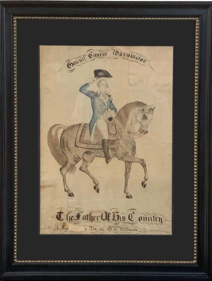 Presented is an original ink drawing of General George Washington by Oscar A. Wilkinson. The composition depicts Washington on horseback, in his full suit of regimentals, saluting with his black and gold tricorn hat. Above and below the image in