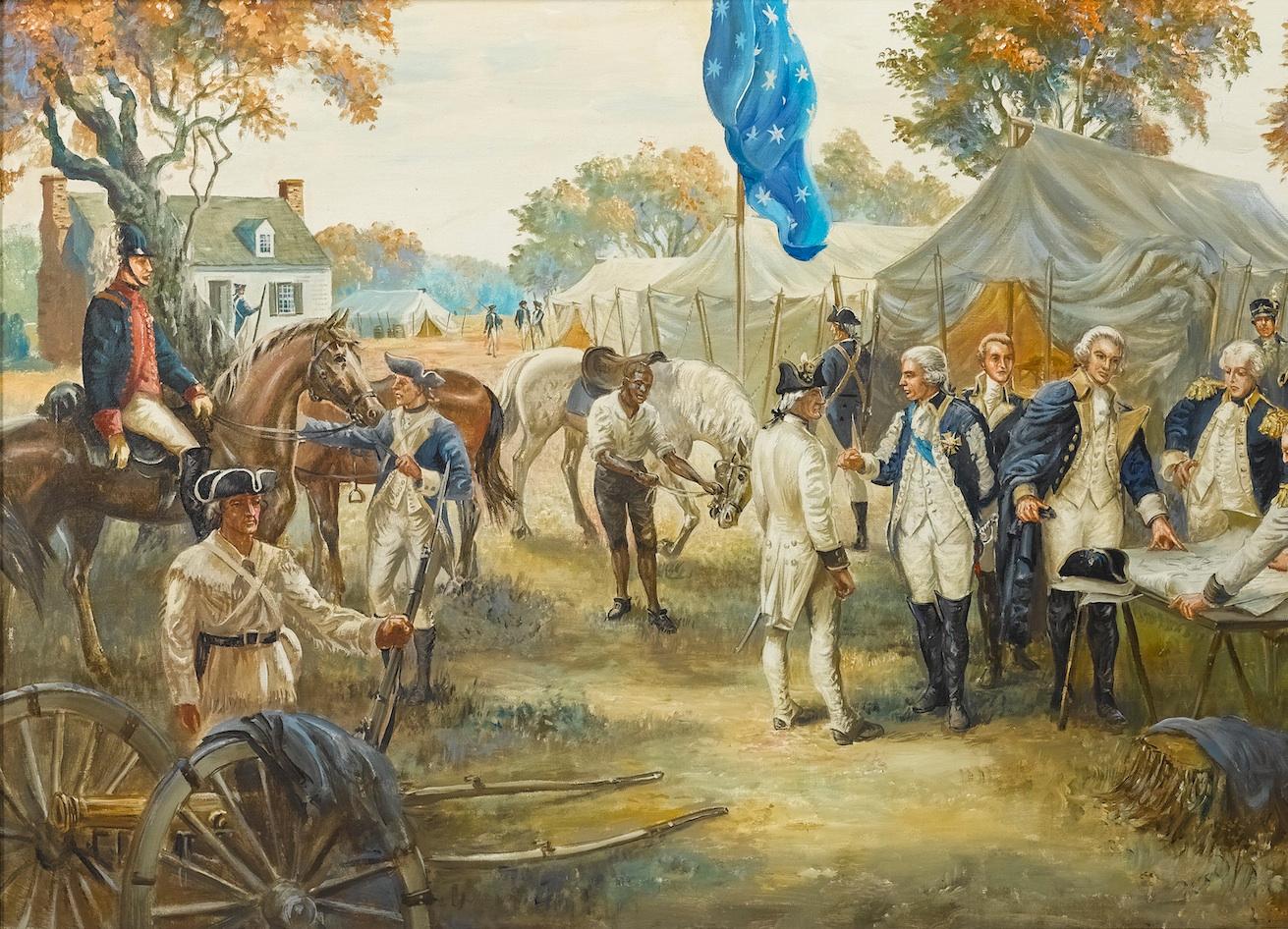This original oil painting by Sidney E. King depicts General George Washington’s 1781 headquarters in Yorktown, Virginia. The background of this painting is comprised of tents that General Washington employed as part of his Army’s Headquarters.