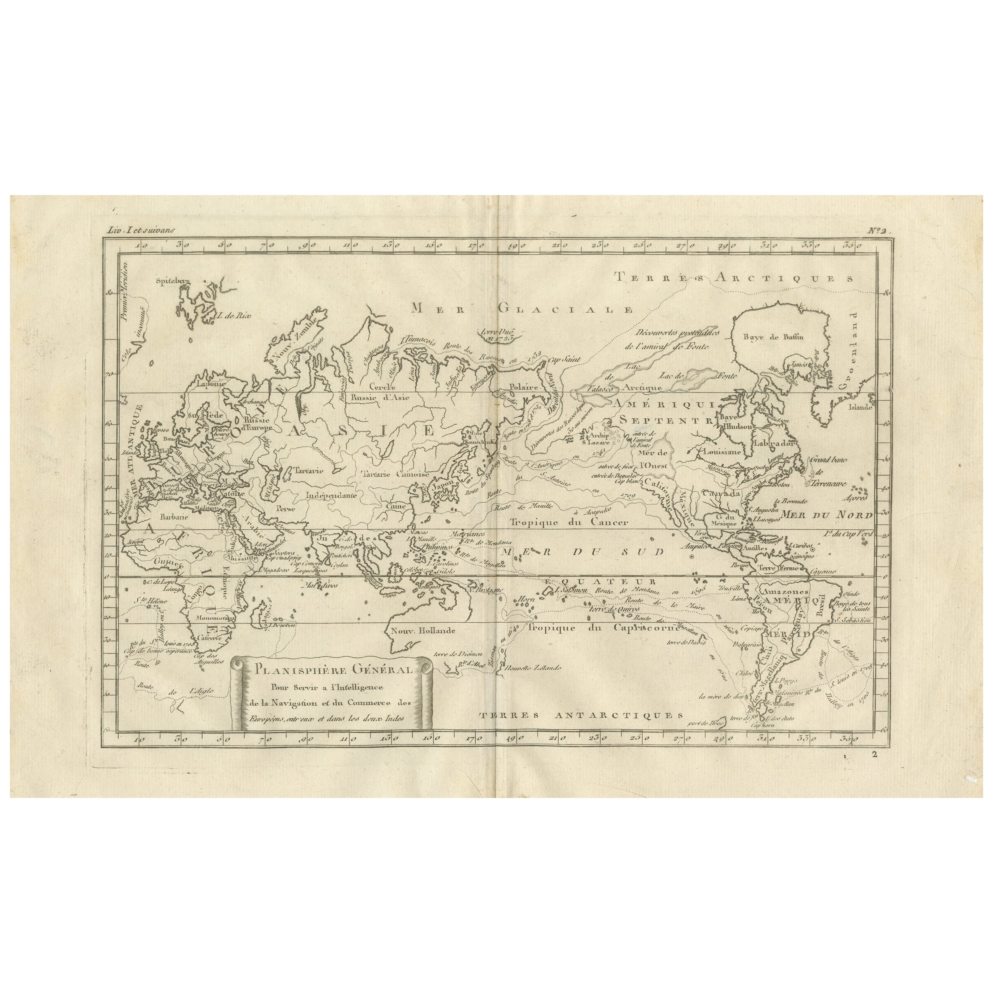 General World Planisphere for Navigation 
Trade – Bonne c.1780 For Sale