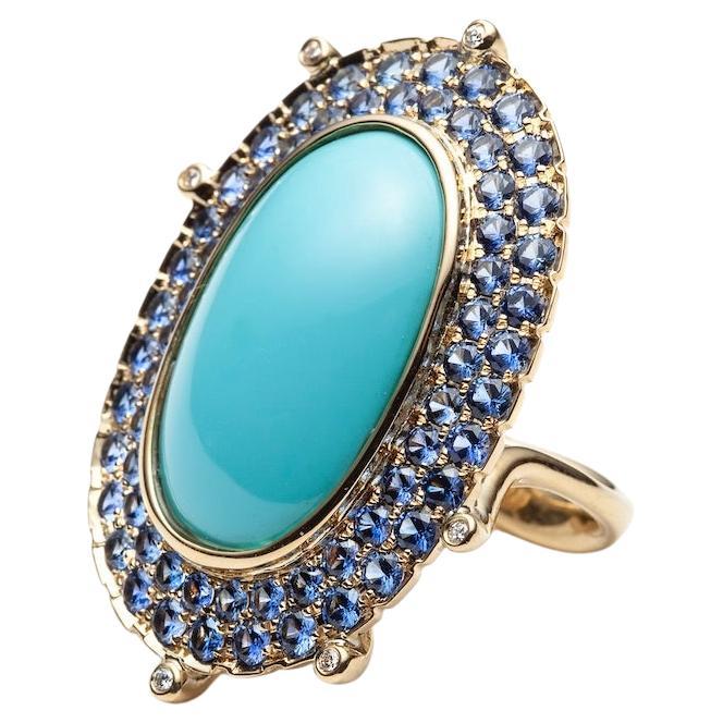 Generosa Turquoise Ring in 18k White and Yellow Gold, Sapphires and Diamonds For Sale