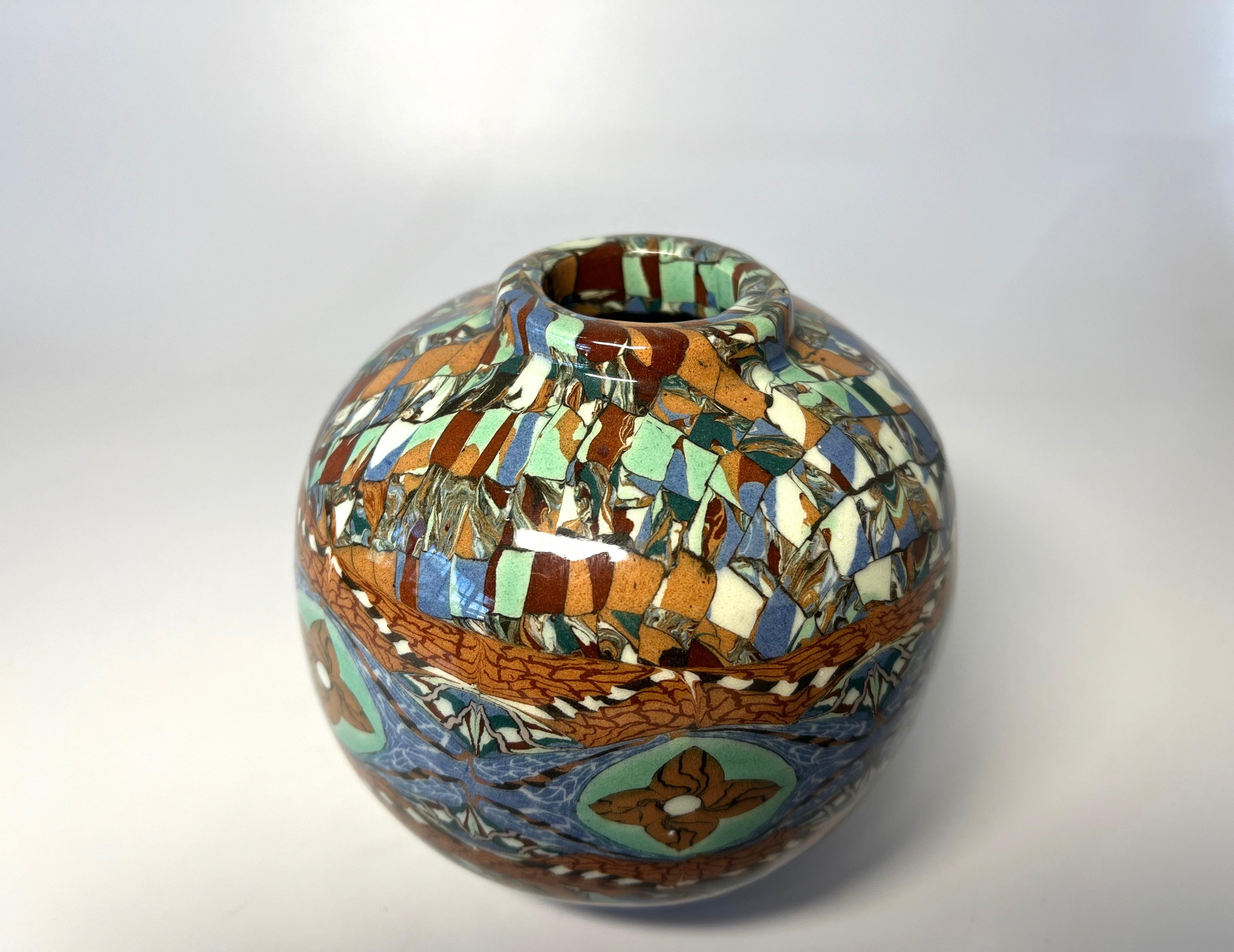 20th Century Generous Jean Gerbino For Vallauris, France, Ceramic Glazed Mosaic Ball Vase For Sale
