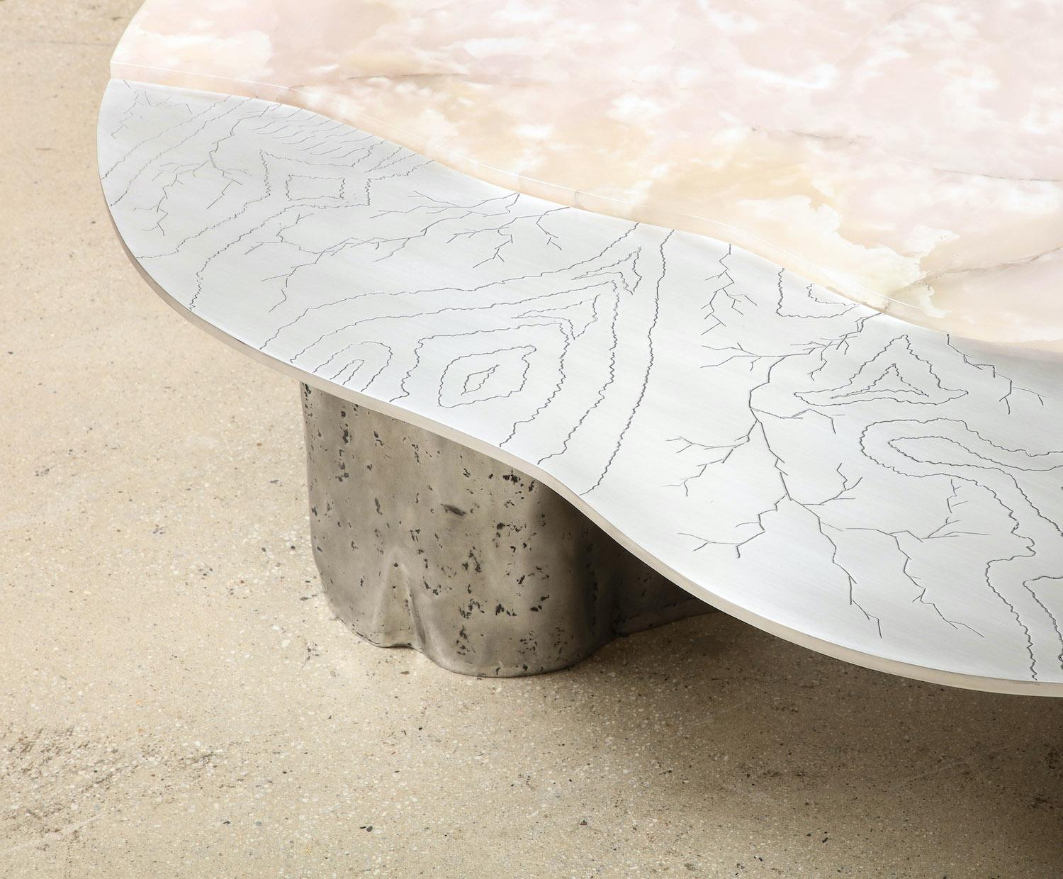 Polished & acid-etched aluminum, onyx. 3 cast & polished aluminum legs of organic shape, pale pink onyx top. The Genese series is hand-made one at a time, and each example is unique in size and shape. This is the first example made using aluminum.