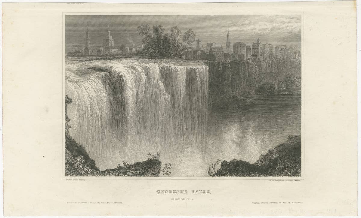 Genesee Falls, Rochester – Antique Waterfall Engraving, New York State, ca.1850