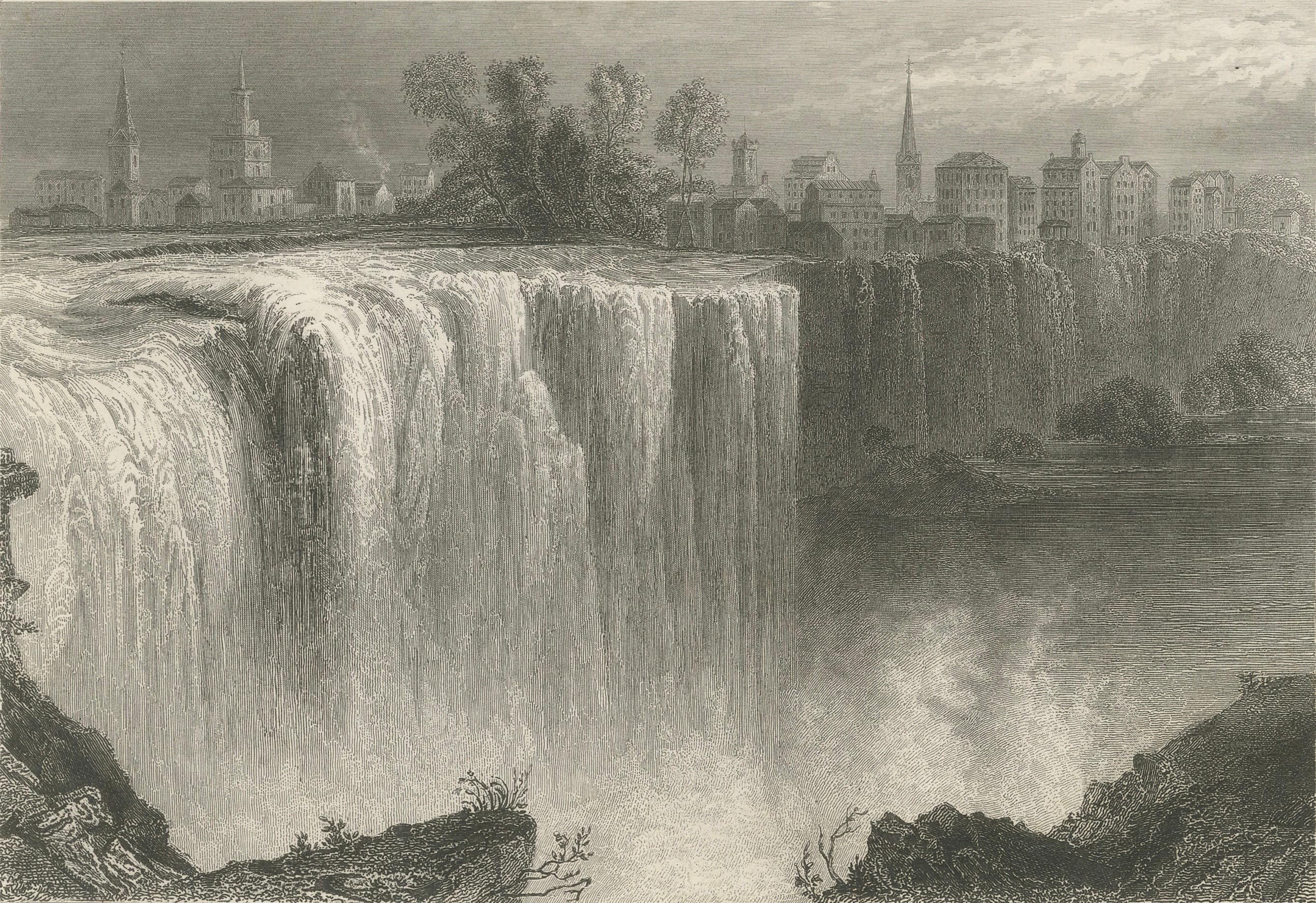 Genesee Falls, Rochester – Antique Waterfall Engraving, New York State, ca.1850
