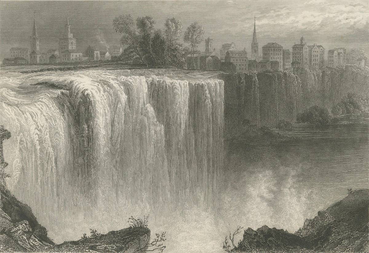 Genesee Falls, Rochester – Antique Waterfall Engraving, New York State, ca.1850