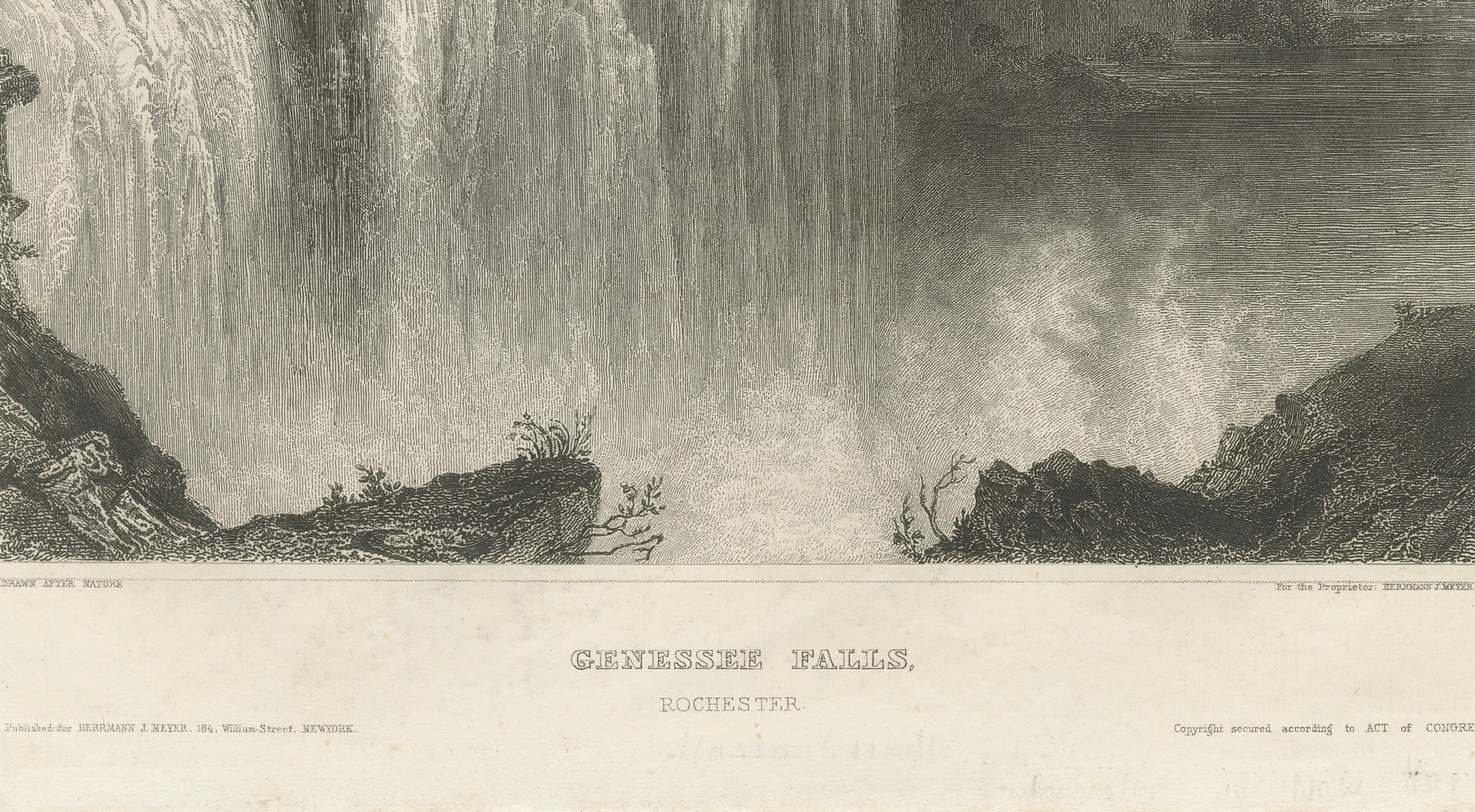 Genesee Falls, Rochester – Antique Waterfall Engraving, New York State, ca.1850