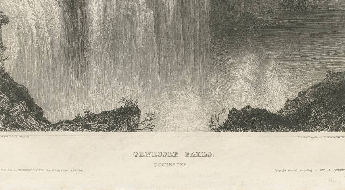 Genesee Falls, Rochester – Antique Waterfall Engraving, New York State, ca.1850