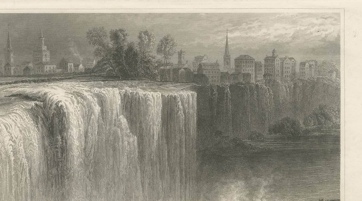 Genesee Falls, Rochester – Antique Waterfall Engraving, New York State, ca.1850