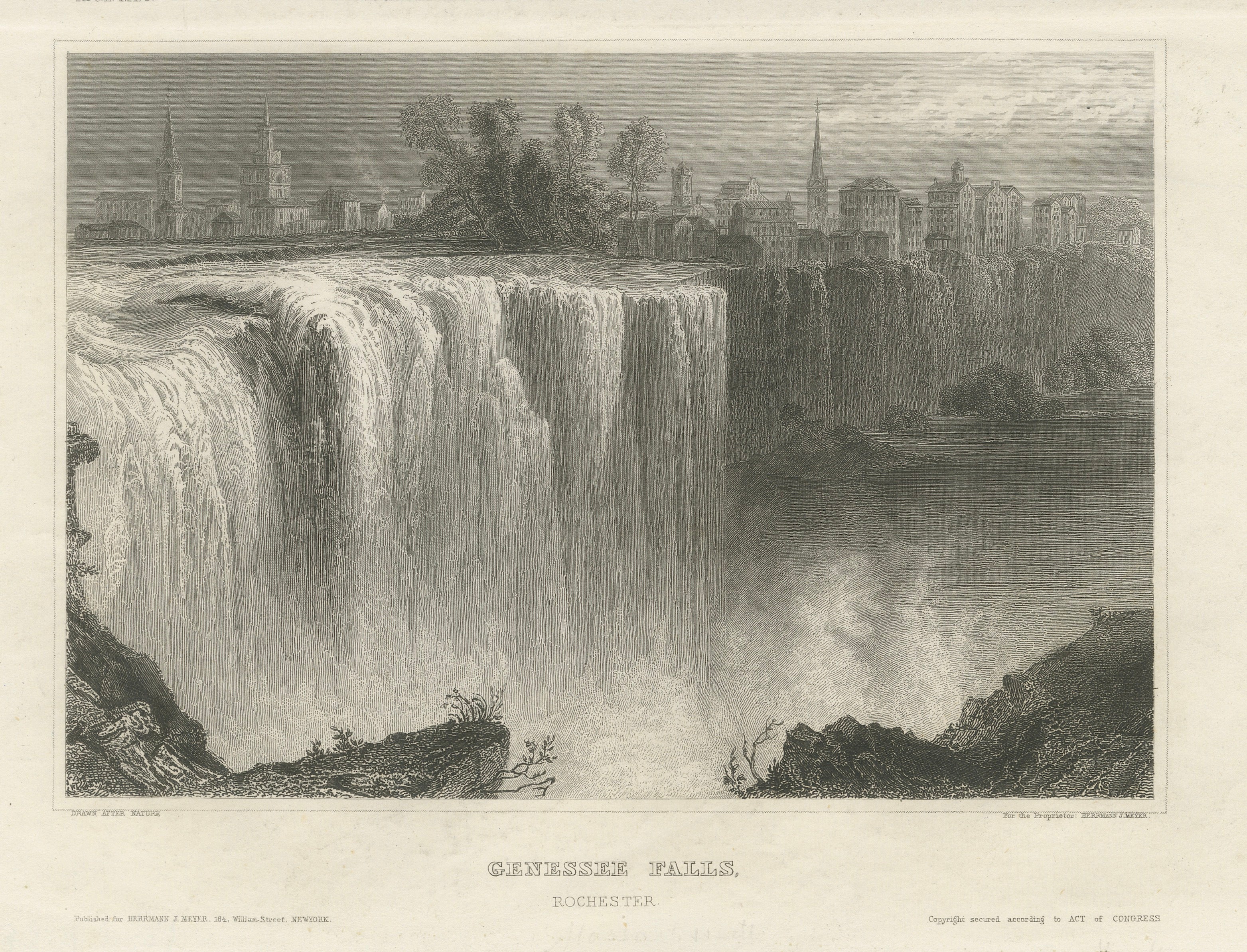 Genesee Falls, Rochester – Antique Waterfall Engraving, New York State, ca.1850