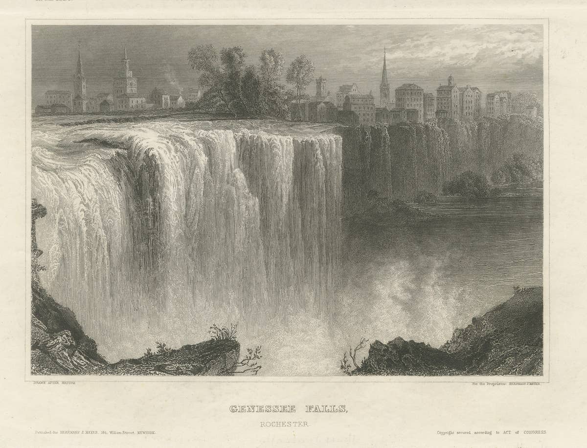 Genesee Falls, Rochester – Antique Waterfall Engraving, New York State, ca.1850