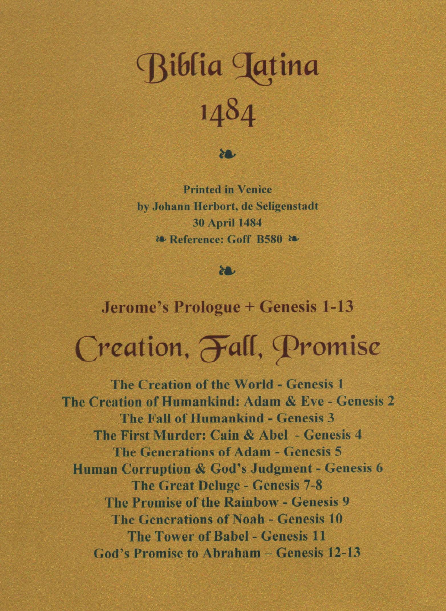 Medieval Genesis Beginnings, Super-Portfolio, Four-Leaf Set from a 1484 Latin Bible For Sale