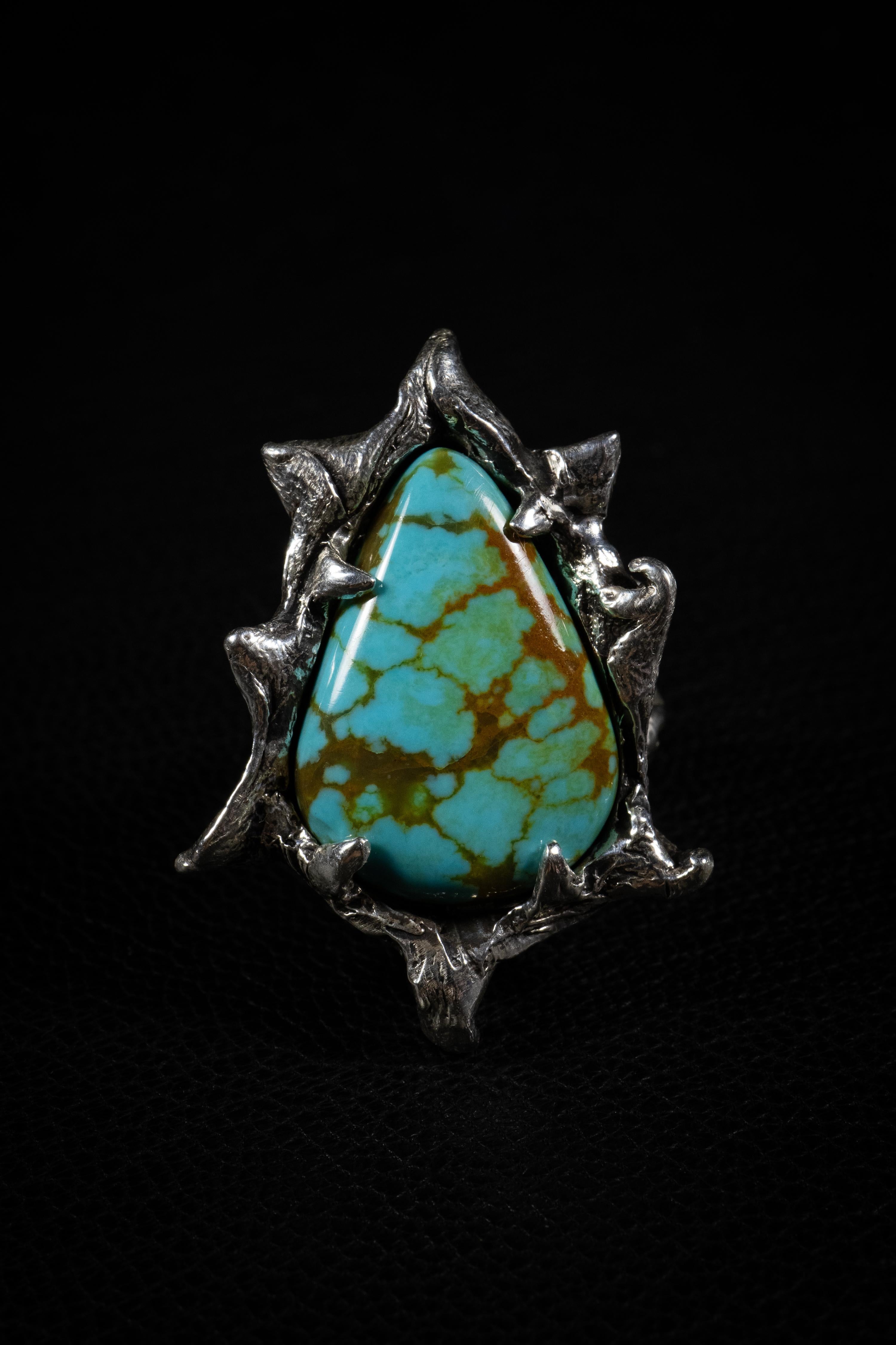 Contemporary Genesis (Tyrone Turquoise, Sterling Silver Ring) by Ken Fury For Sale