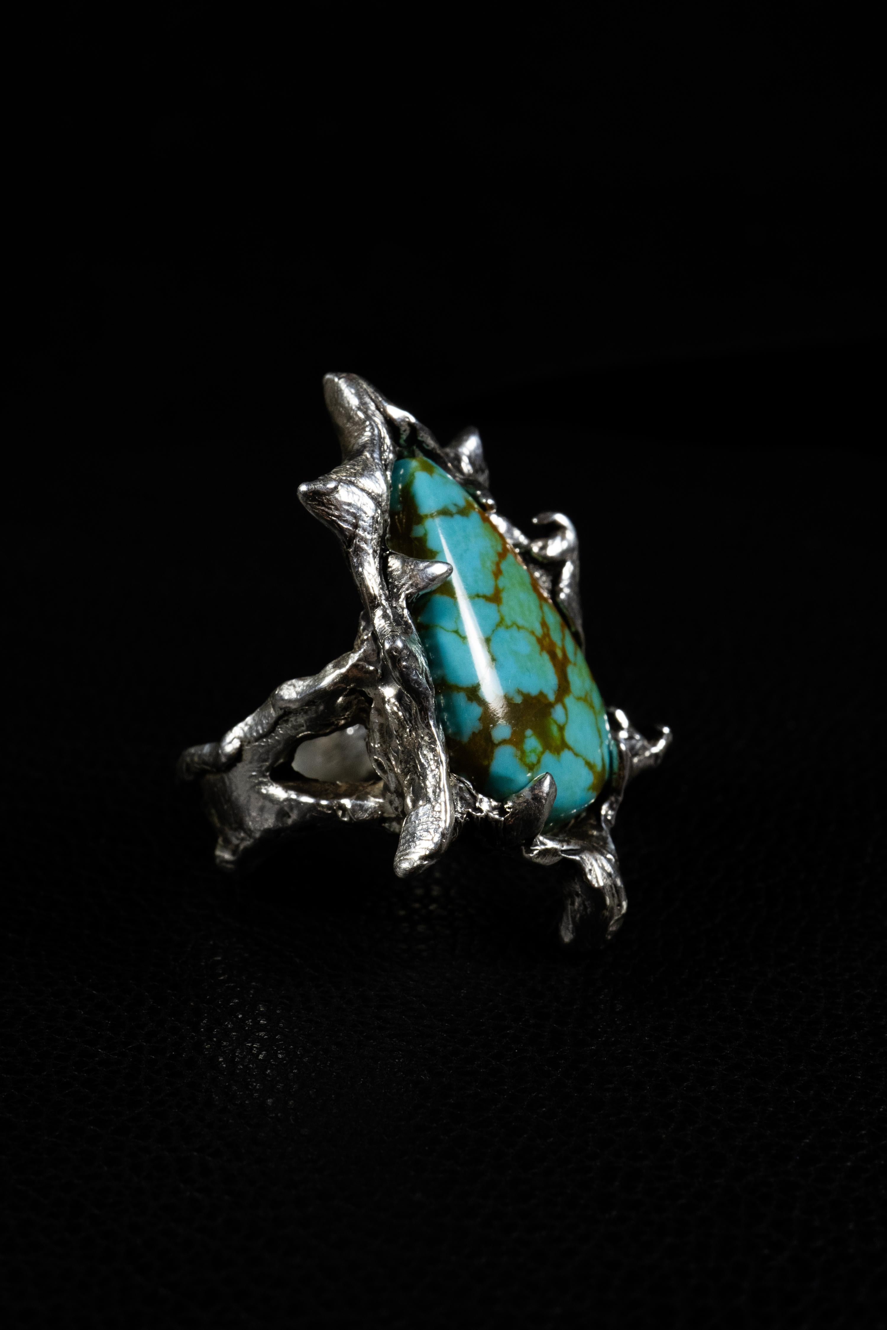 Cabochon Genesis (Tyrone Turquoise, Sterling Silver Ring) by Ken Fury For Sale