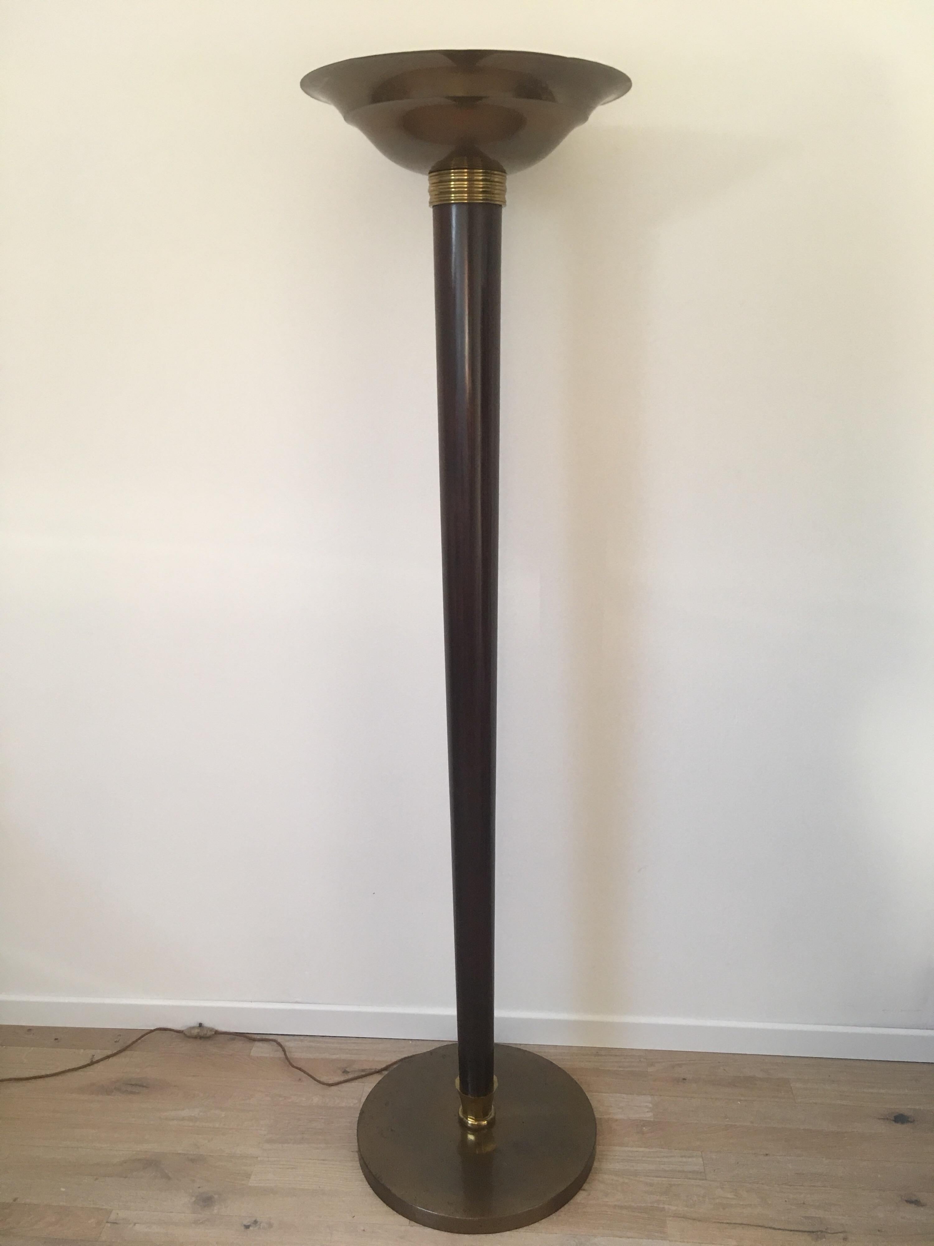 Bronzed Genet et Michon Art Deco Floor Lamp in Wood and Brass, French, 1930s For Sale