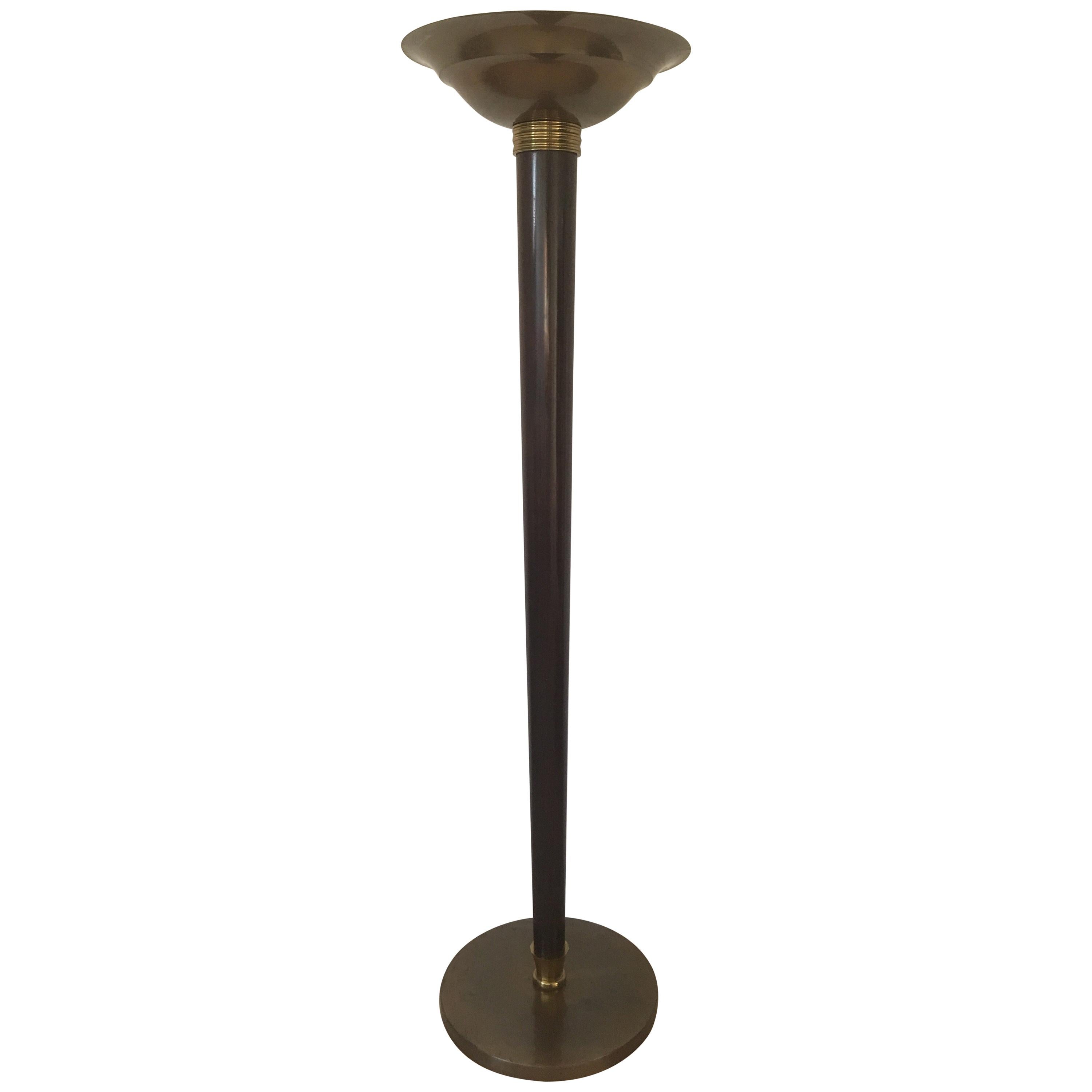 Genet et Michon Art Deco Floor Lamp in Wood and Brass, French, 1930s For Sale