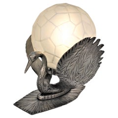 Genet et Michon Art Deco Handmade Iron Swan and Glass Shade Table Lamp