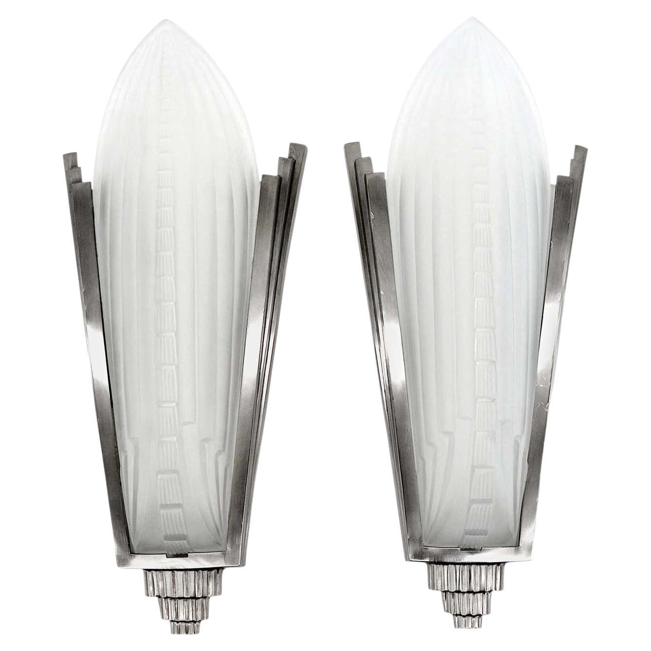 Genet & Michon Large French Art Deco Pair of Wall Sconces, 1920-1929